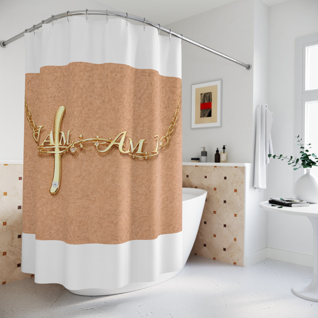Shower Curtain — Gold "I Am" Necklace Design on Warm Leather Background
