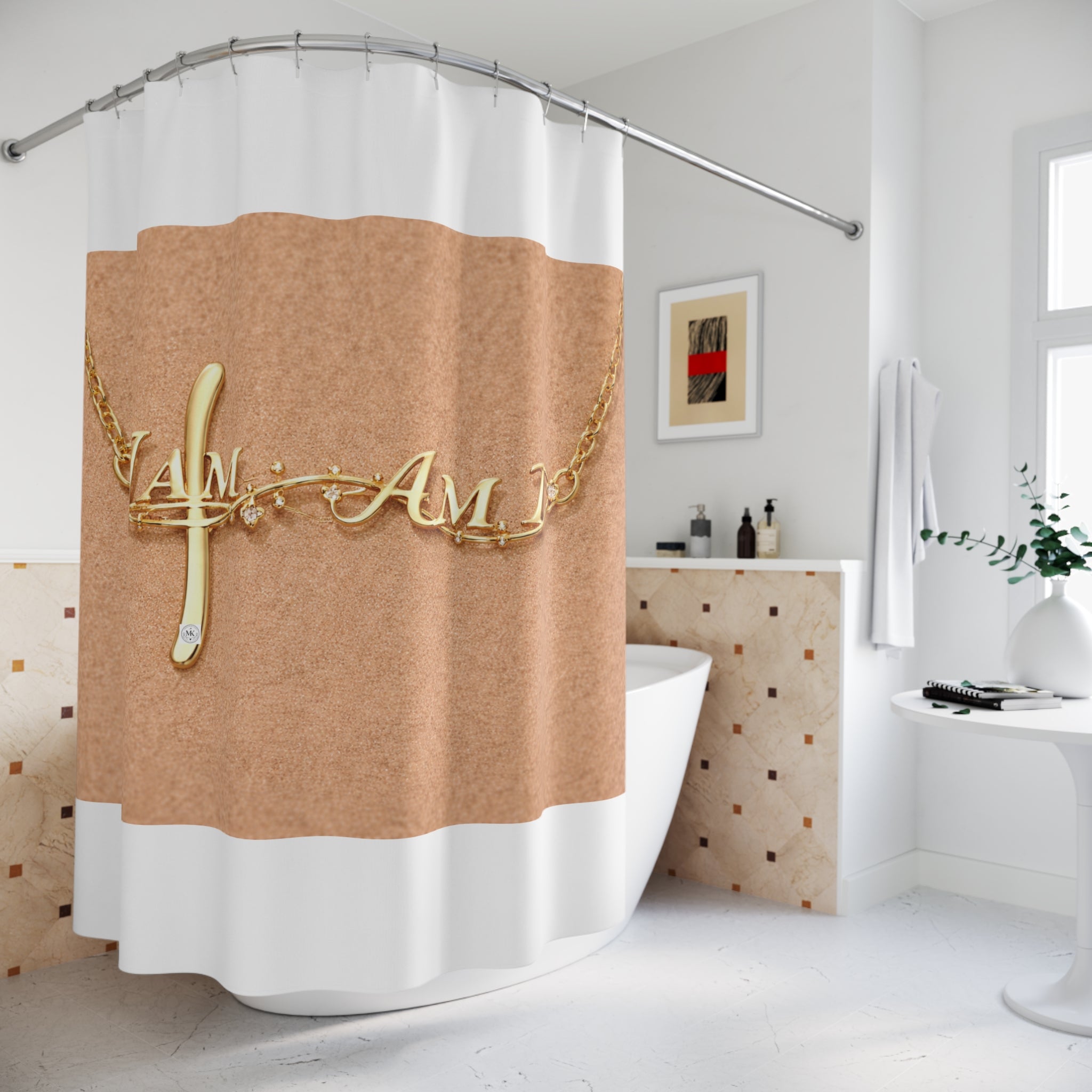 Shower Curtain — Gold "I Am" Necklace Design on Warm Leather Background