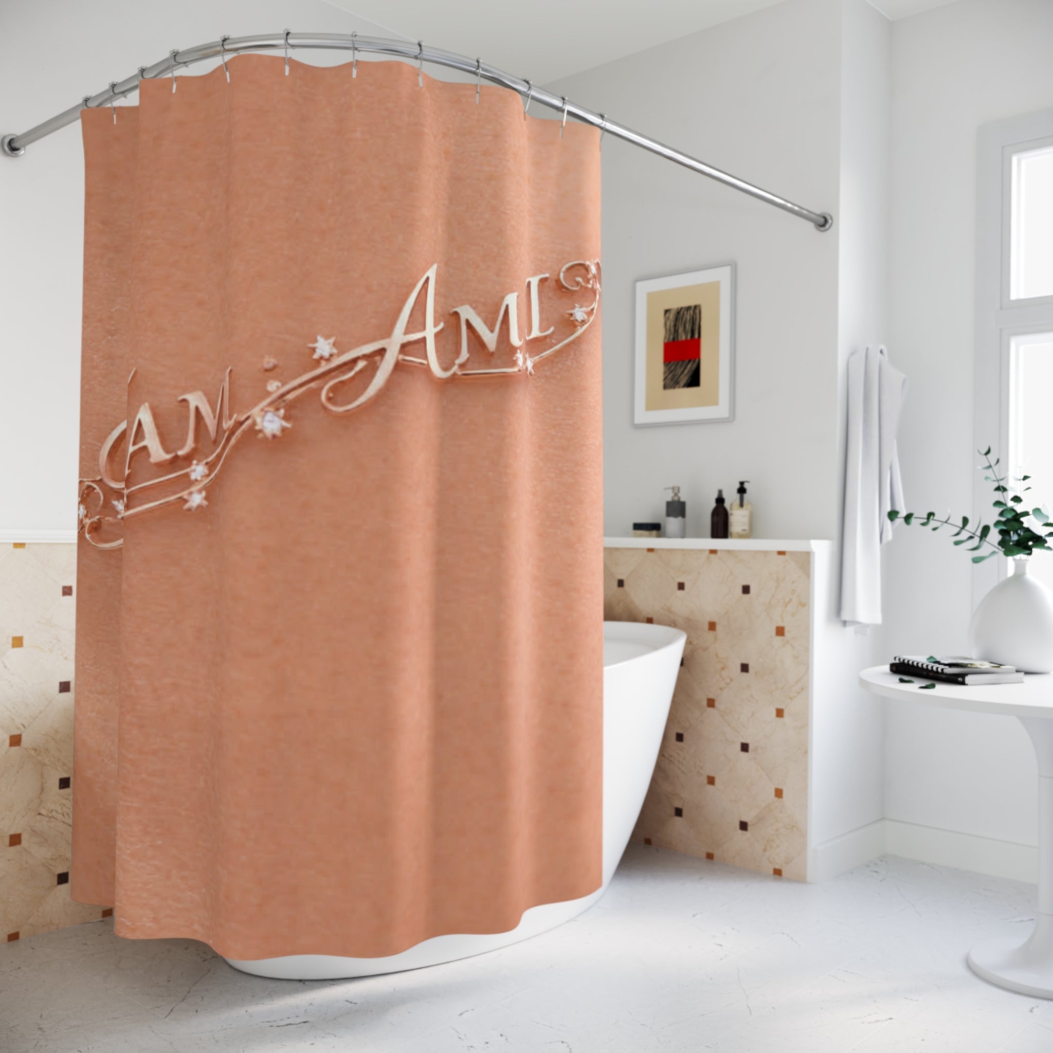 I Am Metallic Script Shower Curtain — Inspirational Rose Gold Bathroom Decor