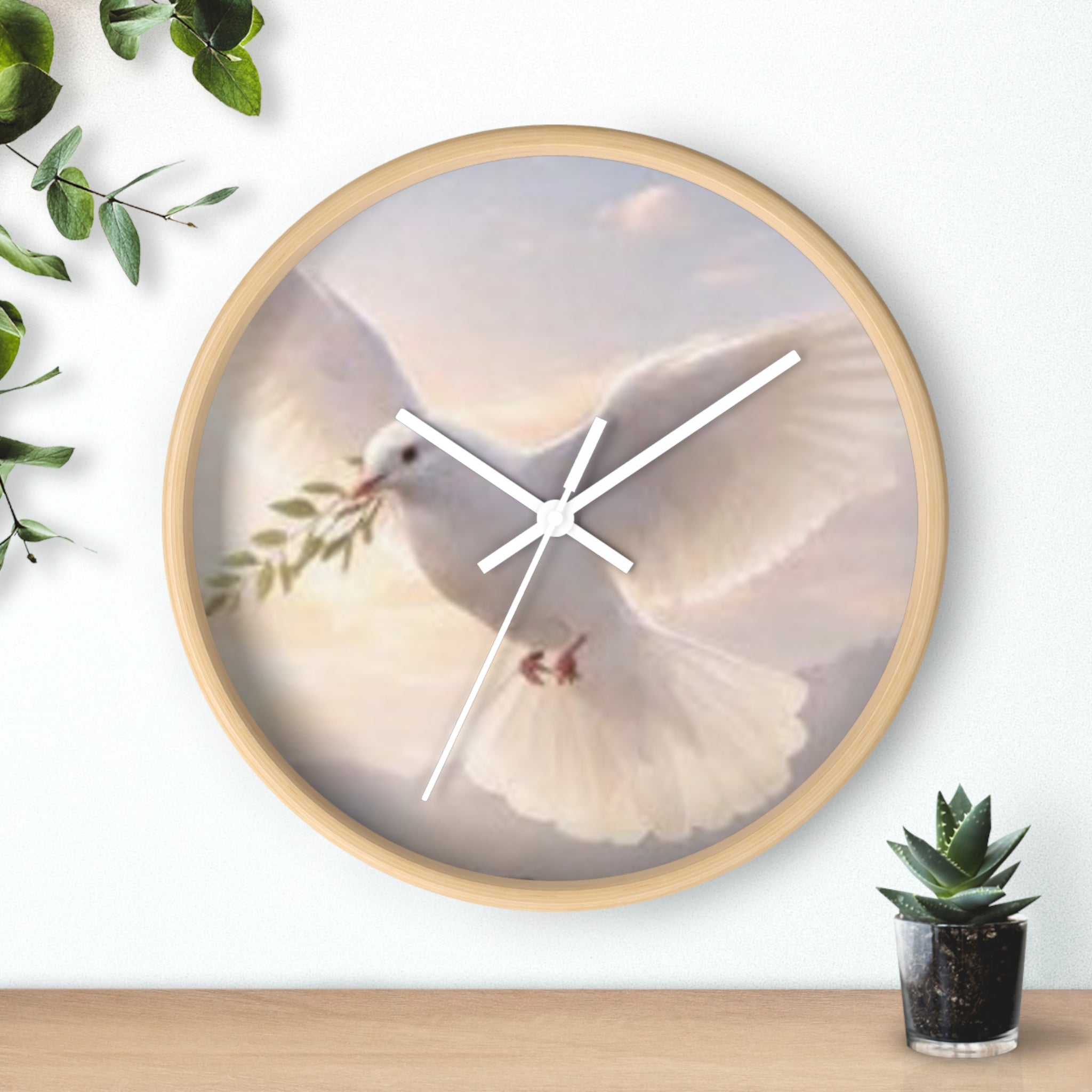 Dove Wall Clock — Peaceful White Dove with Olive Branch Decorative Clock