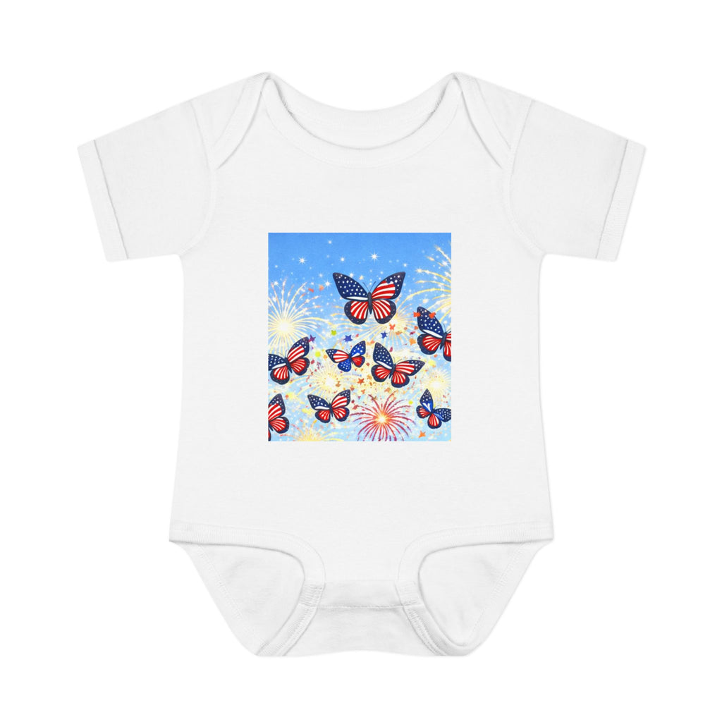 I Am; Am I collection holiday edition Baby Bodysuit — Red & Blue Butterfly Garden Infant Onesie