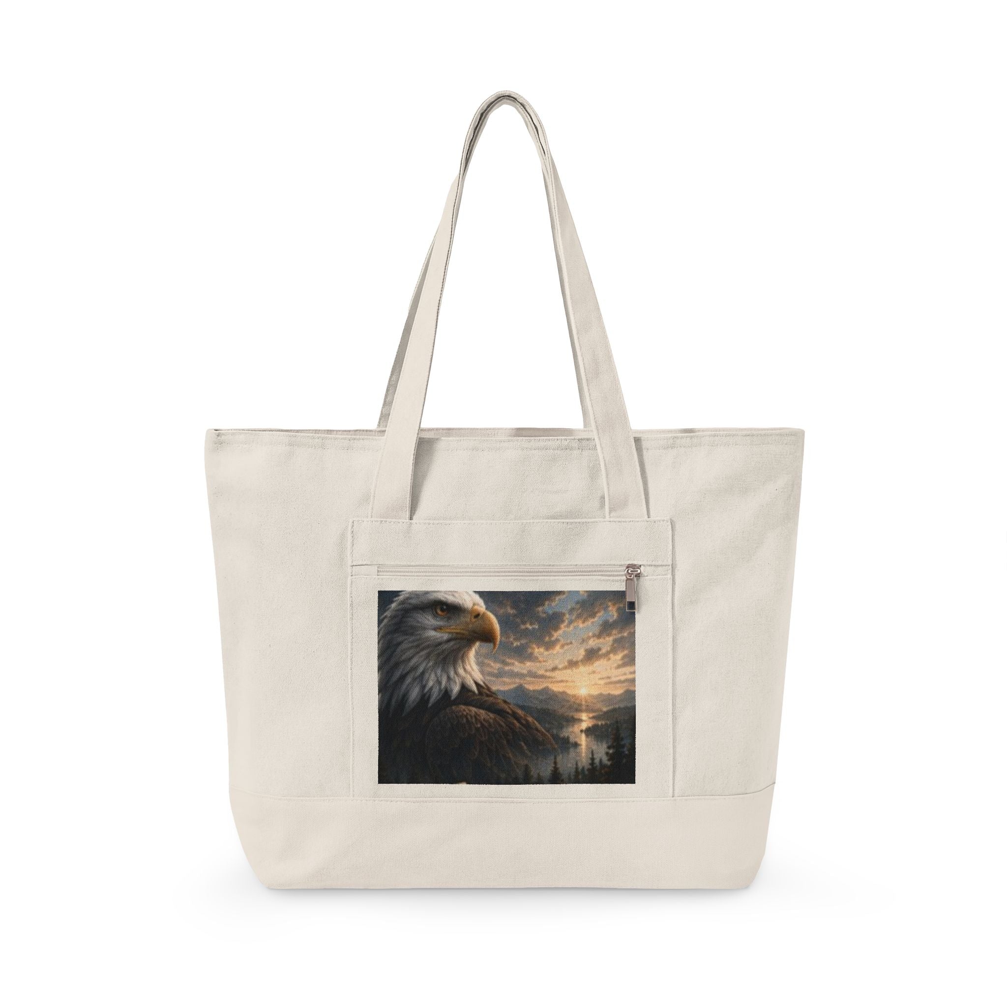 Eagle Sunrise Canvas Tote Bag — Zippered Beach & Market Tote with Bald Eagle Art
