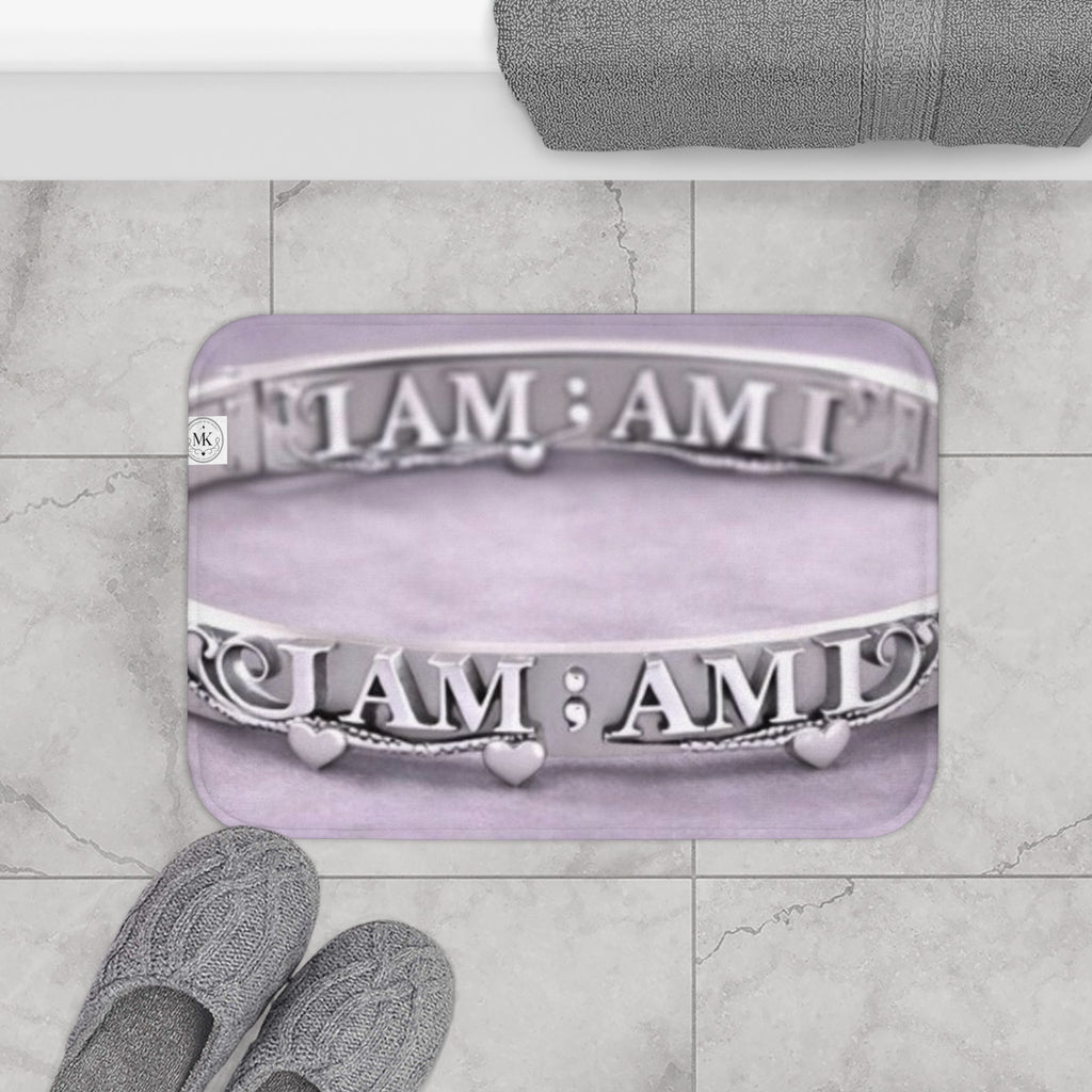 ‘I Am ; Am I" Silver Bracelet Design Bath Mat – Inspirational Purple Bathroom Rug