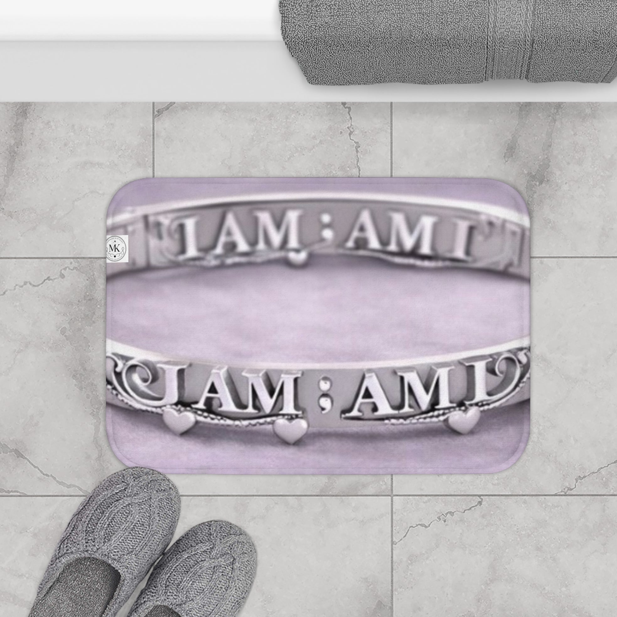 ‘I Am ; Am I" Silver Bracelet Design Bath Mat – Inspirational Purple Bathroom Rug