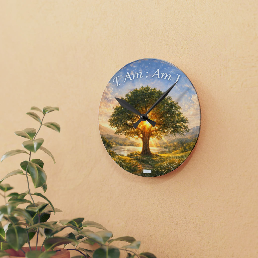 Acrylic Wall Clock — 'I Am; Am I' Tree of Life Sunrise Spiritual Decor