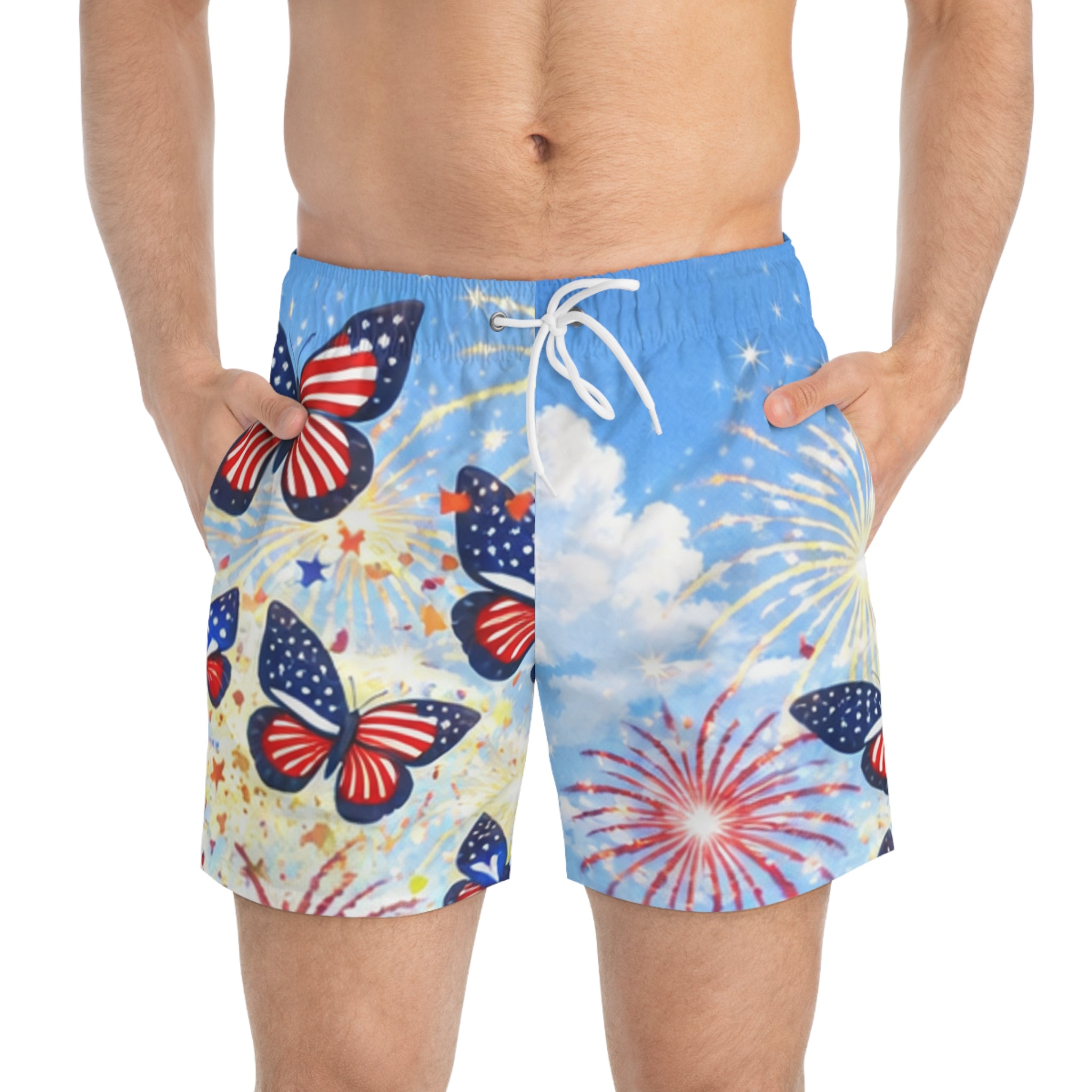I Am ; Am I collection Fourth of July Patriotic Butterfly Swim Trunks — American Flag Butterflies & Fireworks