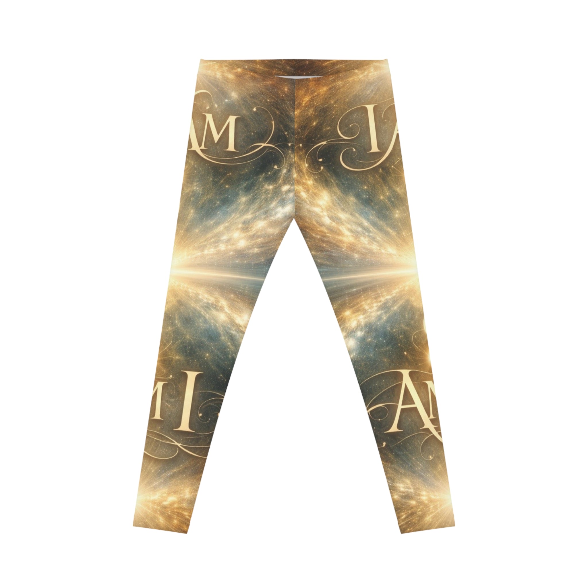I Am ; Am I celestial Galaxy Leggings — Women's Cosmic Script All-Over-Print Leggings