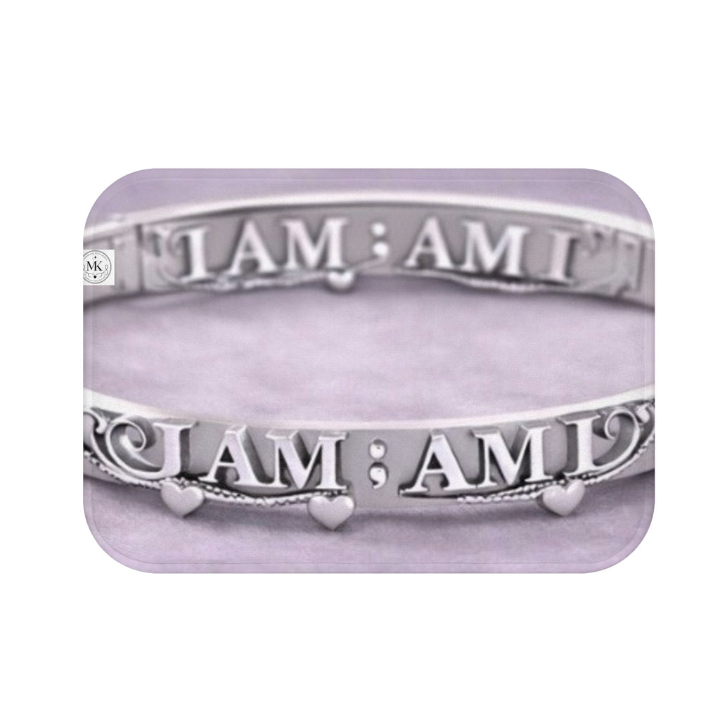 ‘I Am ; Am I" Silver Bracelet Design Bath Mat – Inspirational Purple Bathroom Rug