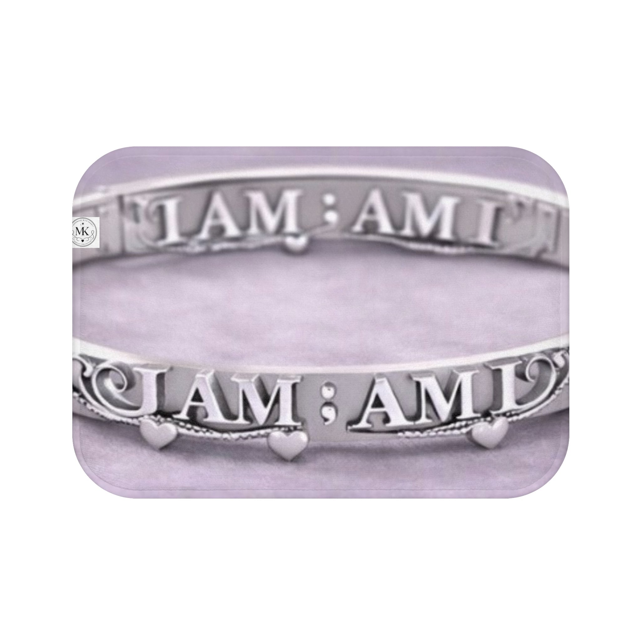 ‘I Am ; Am I" Silver Bracelet Design Bath Mat – Inspirational Purple Bathroom Rug