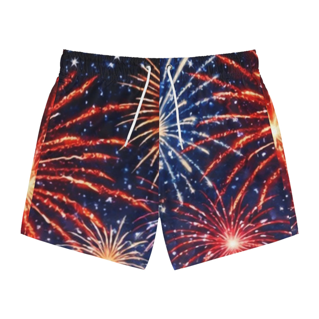 I Am ; Am I collection Fireworks Print Swim Trunks — Patriotic 4th of July Beach Shorts