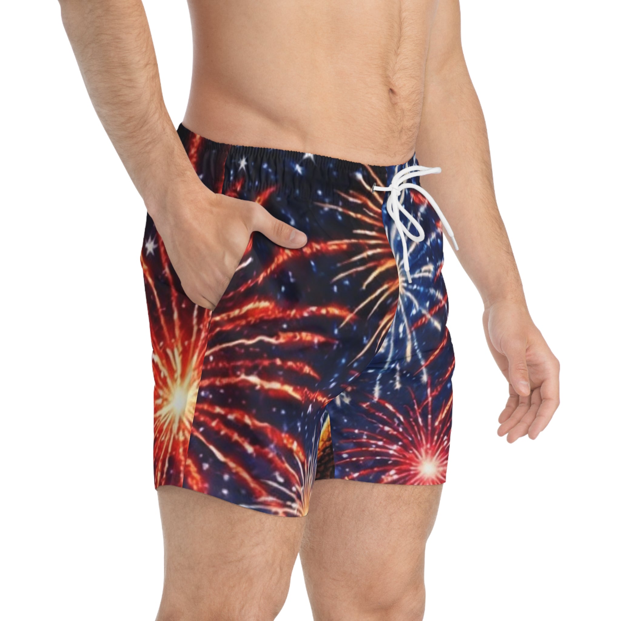 I Am ; Am I collection Fireworks Print Swim Trunks — Patriotic 4th of July Beach Shorts