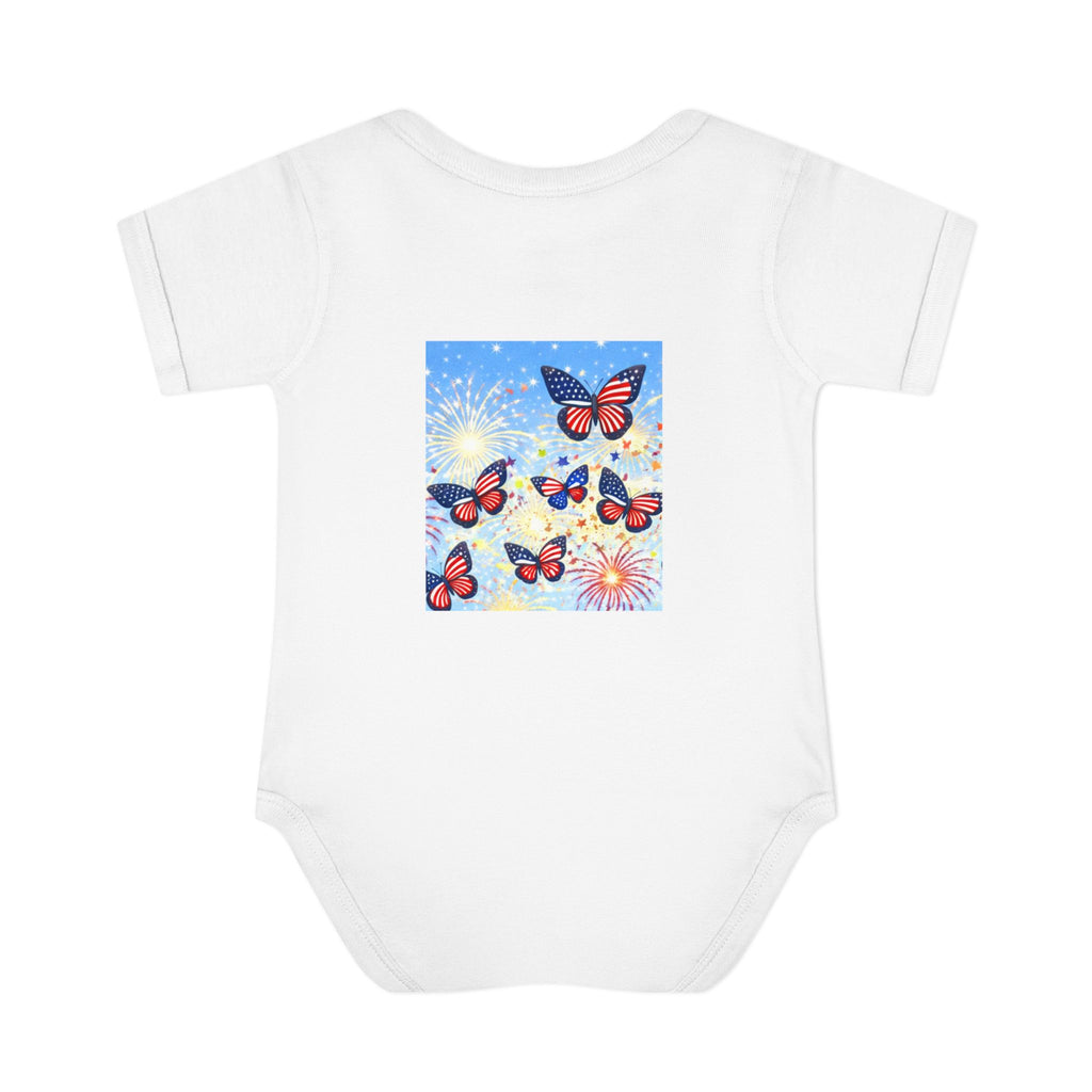 I Am; Am I collection holiday edition Baby Bodysuit — Red & Blue Butterfly Garden Infant Onesie
