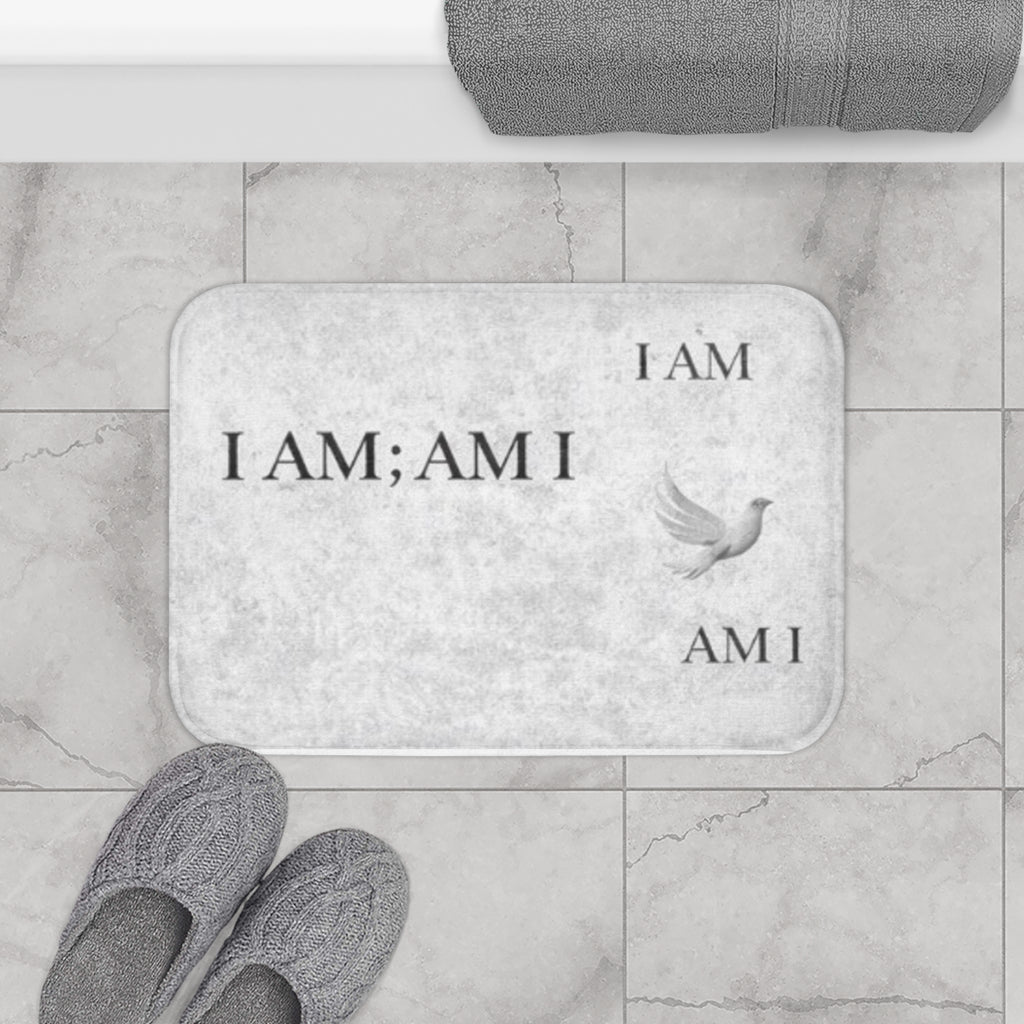 I AM; AM I Inspirational Bath Mat — Minimalist Dove Bathroom Rug