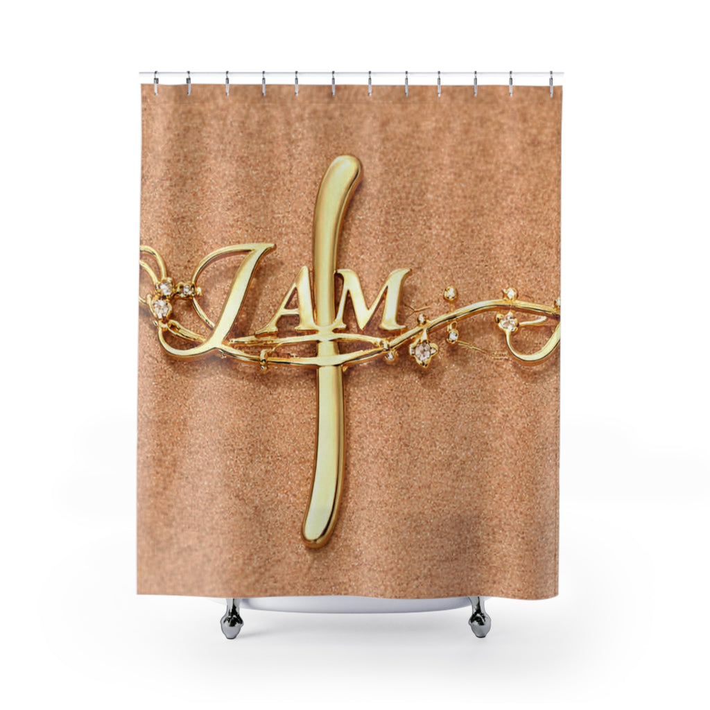 Gold Monogram 'I AM' Shower Curtain — Elegant Inspirational Bathroom Decor