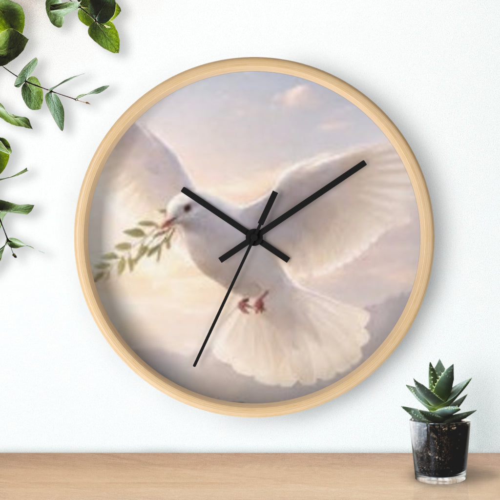 Dove Wall Clock — Peaceful White Dove with Olive Branch Decorative Clock