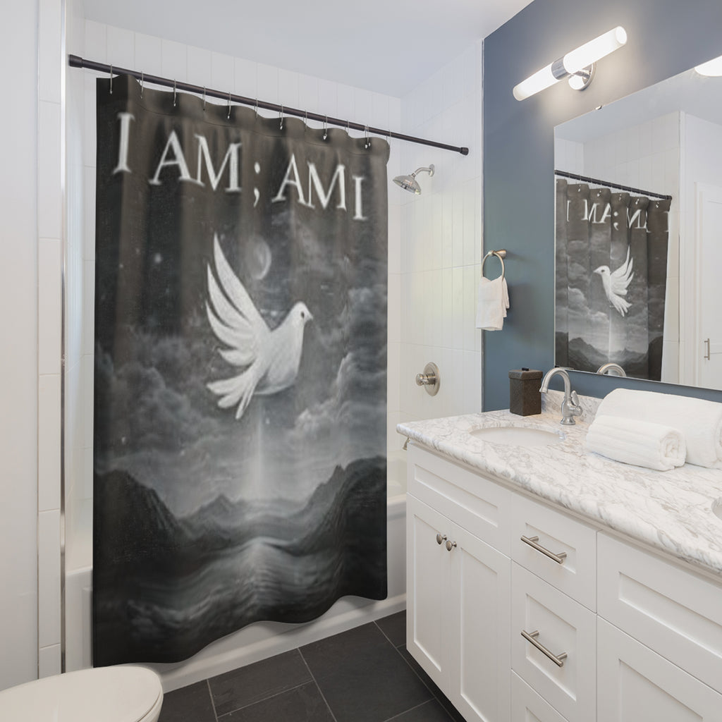 I AM; AM I Dove Shower Curtain — Monochrome Spiritual Bathroom Decor