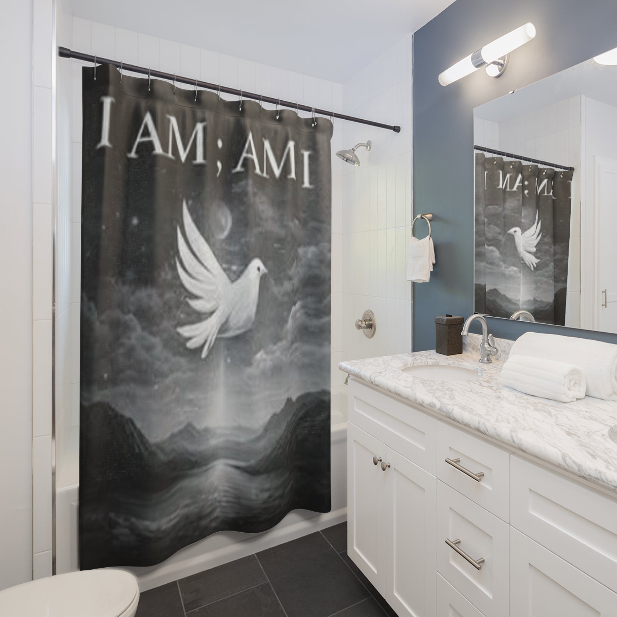 I AM; AM I Dove Shower Curtain — Monochrome Spiritual Bathroom Decor