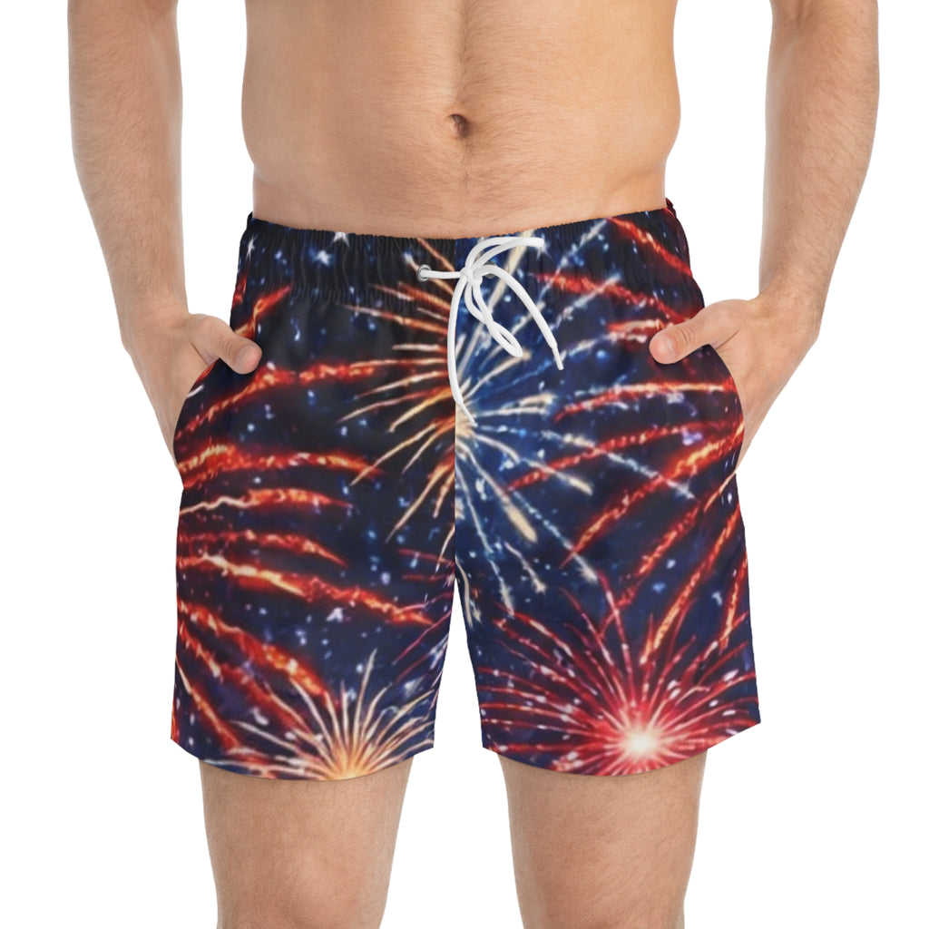 I Am ; Am I collection Fireworks Print Swim Trunks — Patriotic 4th of July Beach Shorts