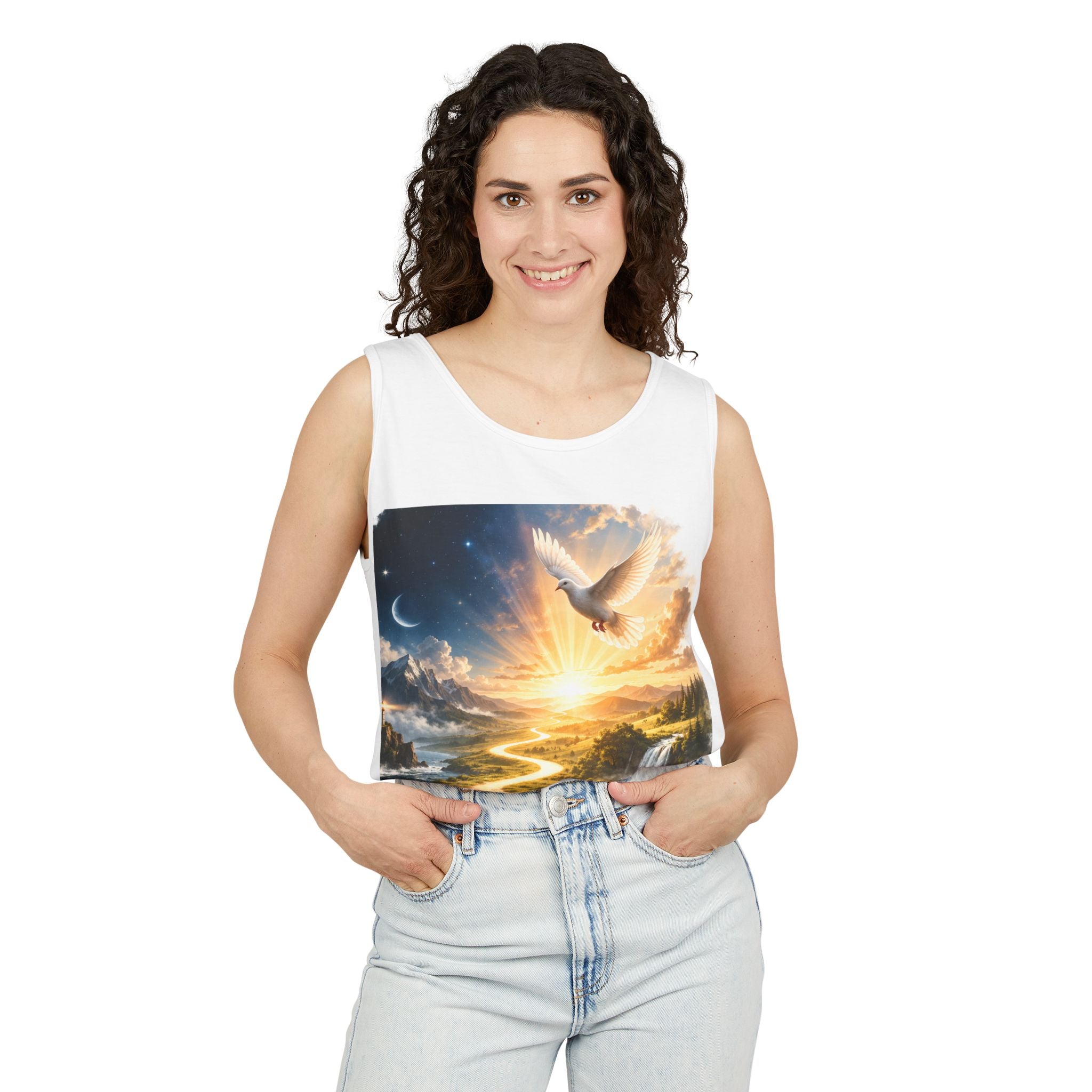 Heavenly Dove Tank Top — "I AM; AM I" Spiritual Sunrise Print