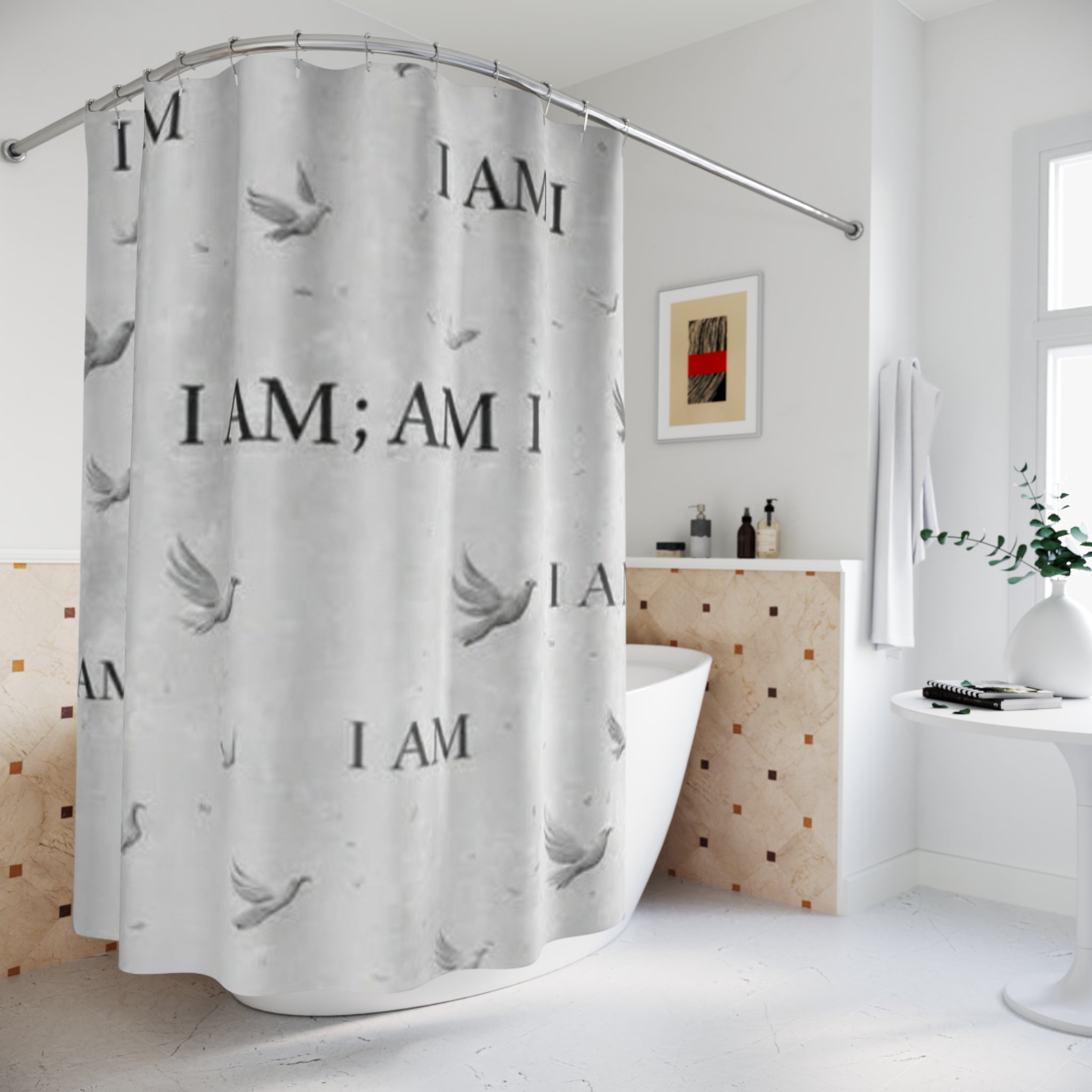 I AM Motivational Shower Curtain — Minimalist Grey Dove Design