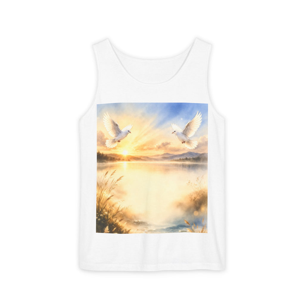 I Am ; Am I collection Sunrise Doves Tank Top — Peaceful Lake Scene Spiritual Graphic Tank