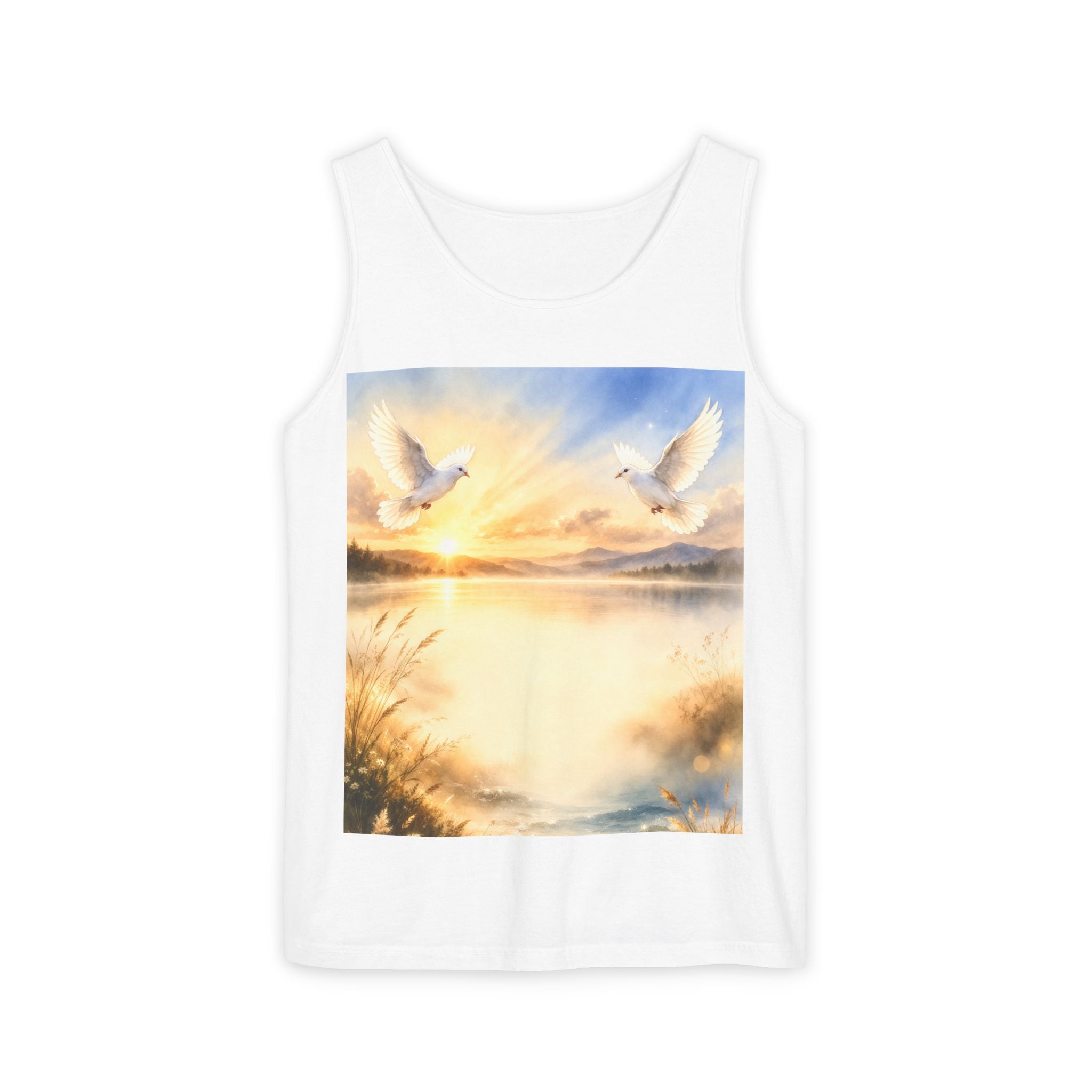 I Am ; Am I collection Sunrise Doves Tank Top — Peaceful Lake Scene Spiritual Graphic Tank