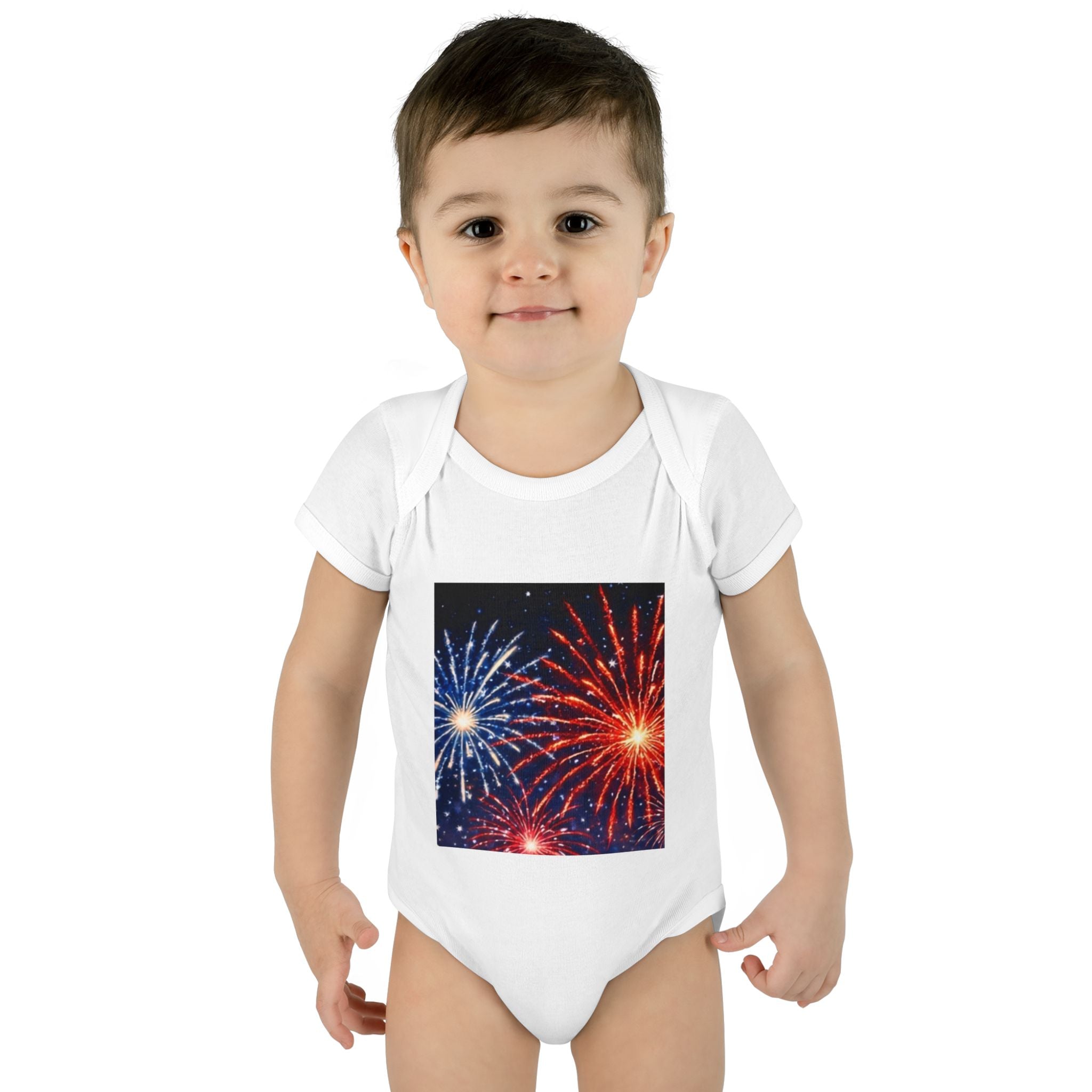 I Am ; Am I collection holiday edition infant Bodysuit with Fireworks Print — 4th of July Baby Onesie