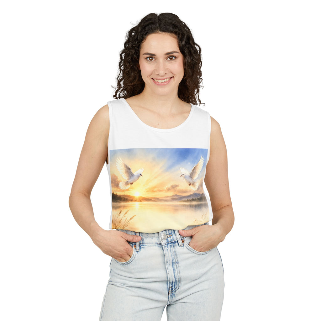 I Am ; Am I collection Sunrise Doves Tank Top — Peaceful Lake Scene Spiritual Graphic Tank