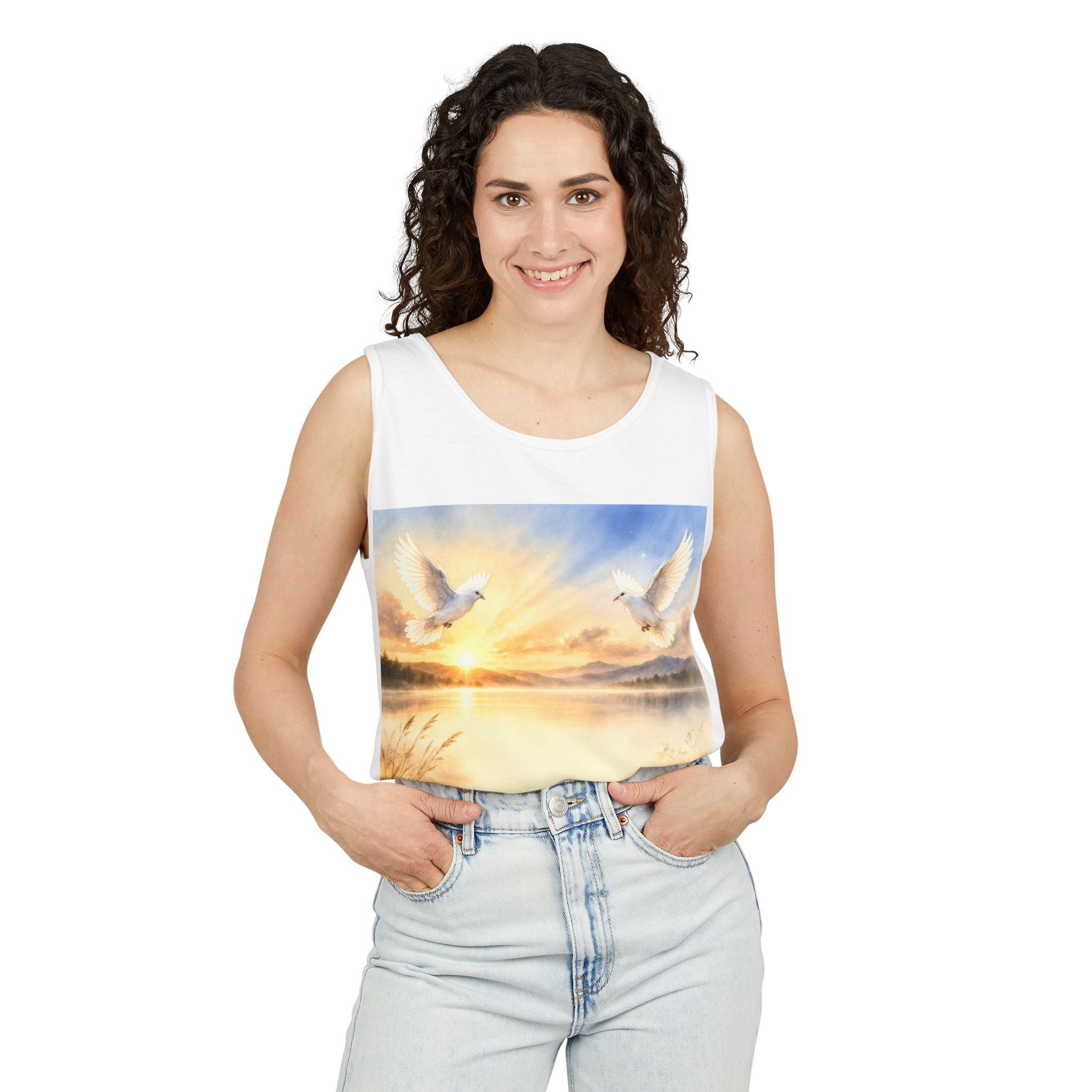I Am ; Am I collection Sunrise Doves Tank Top — Peaceful Lake Scene Spiritual Graphic Tank