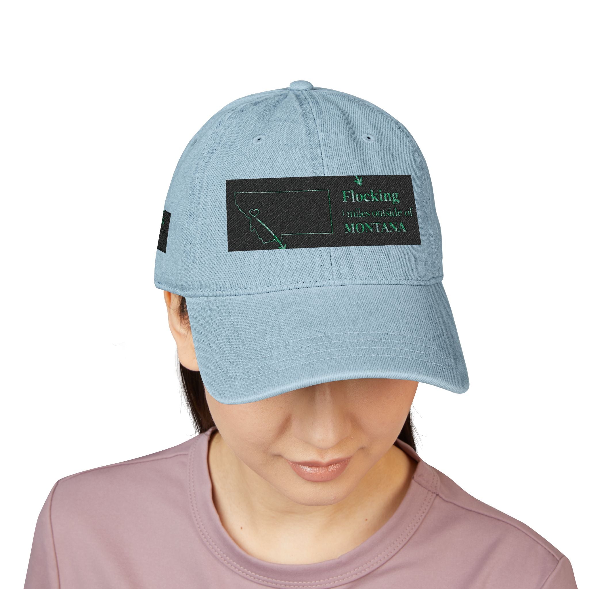 Missoula Outside Montana local humor Embroidered Denim Hat — Vintage Script Baseball Cap
