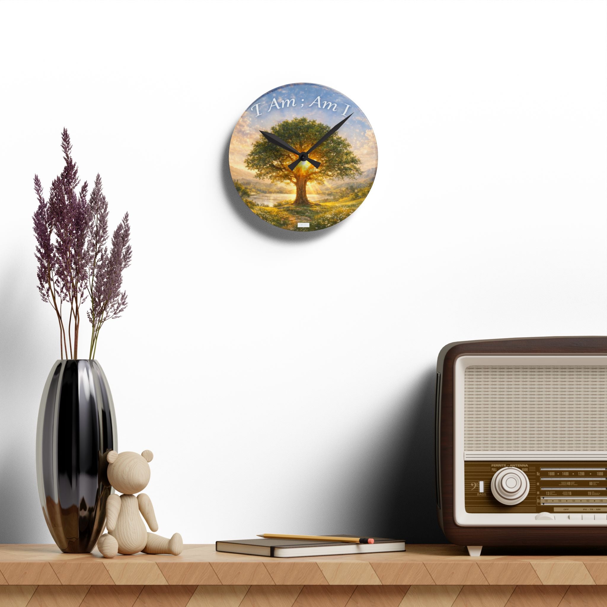 Acrylic Wall Clock — 'I Am; Am I' Tree of Life Sunrise Spiritual Decor