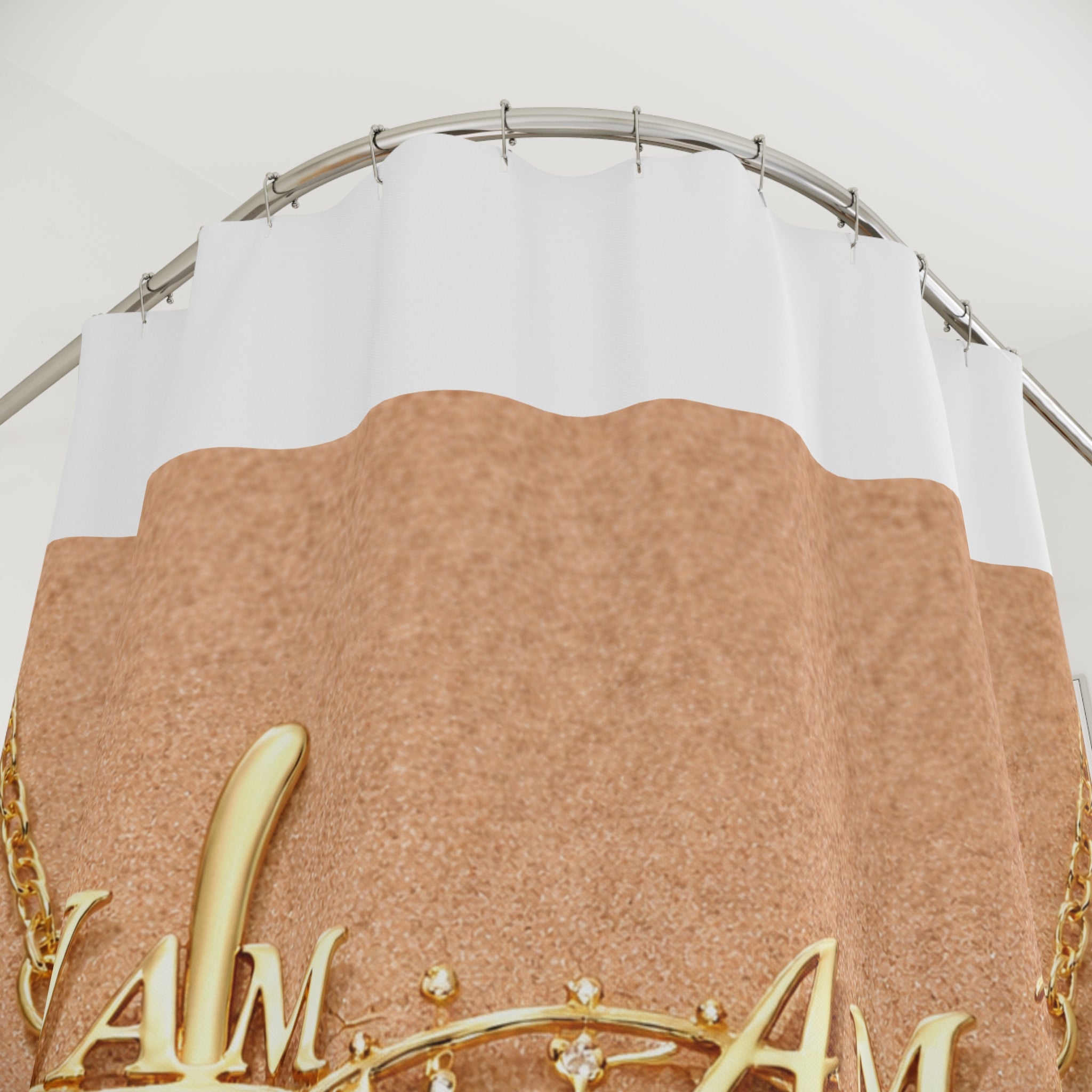 Shower Curtain — Gold "I Am" Necklace Design on Warm Leather Background