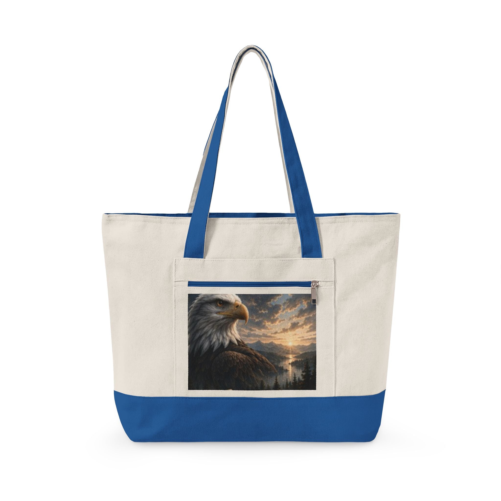Eagle Sunrise Canvas Tote Bag — Zippered Beach & Market Tote with Bald Eagle Art
