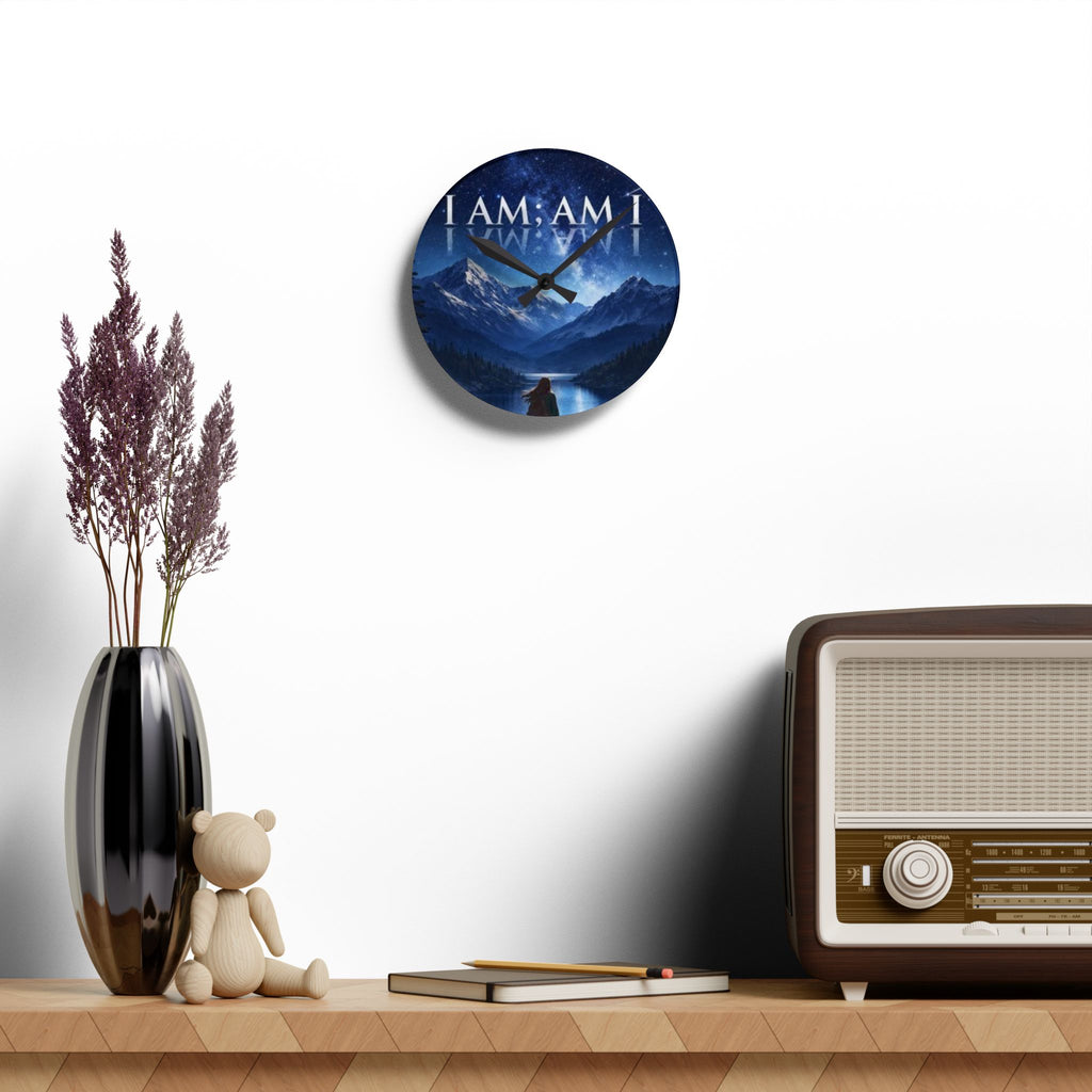 Acrylic Wall Clock - 'I AM; AM I' Mountain Night Sky Wall Clock | Inspirational Landscape Home Decor