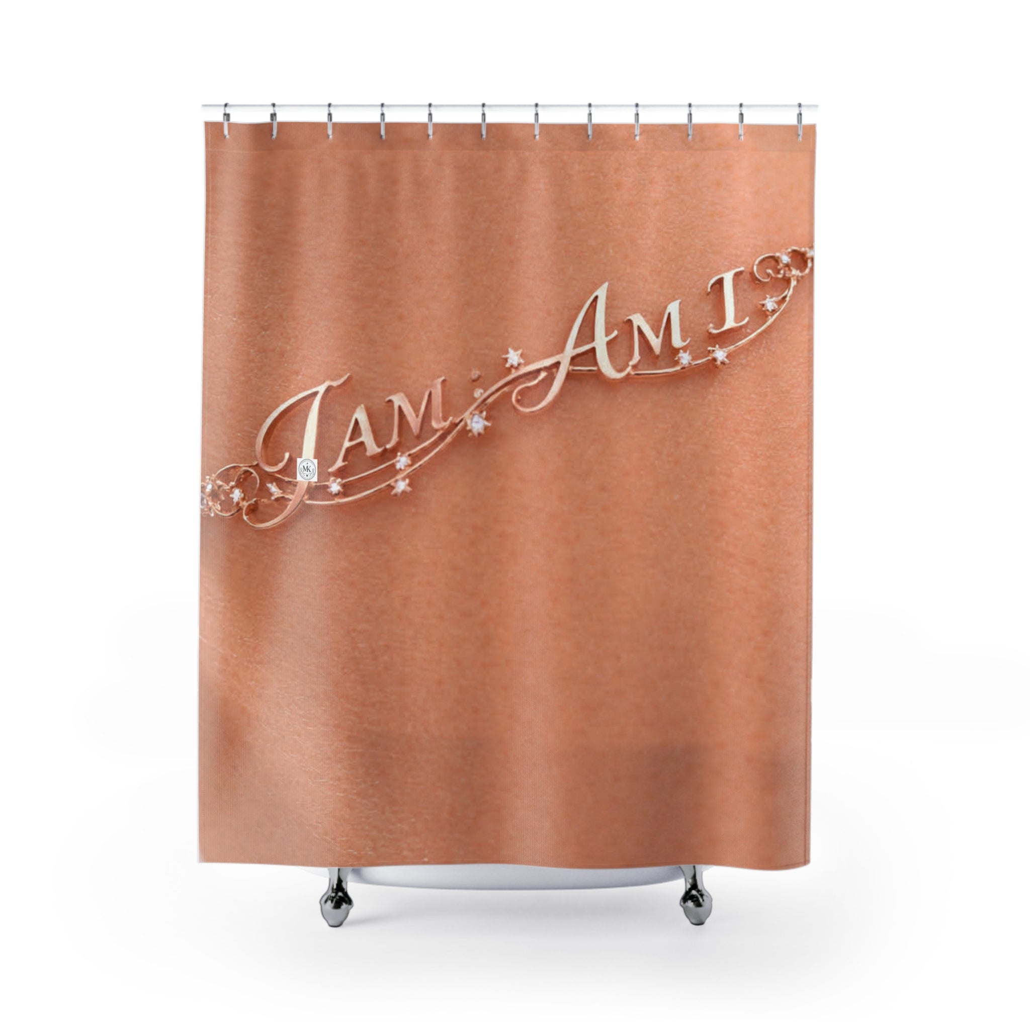 I Am Metallic Script Shower Curtain — Inspirational Rose Gold Bathroom Decor