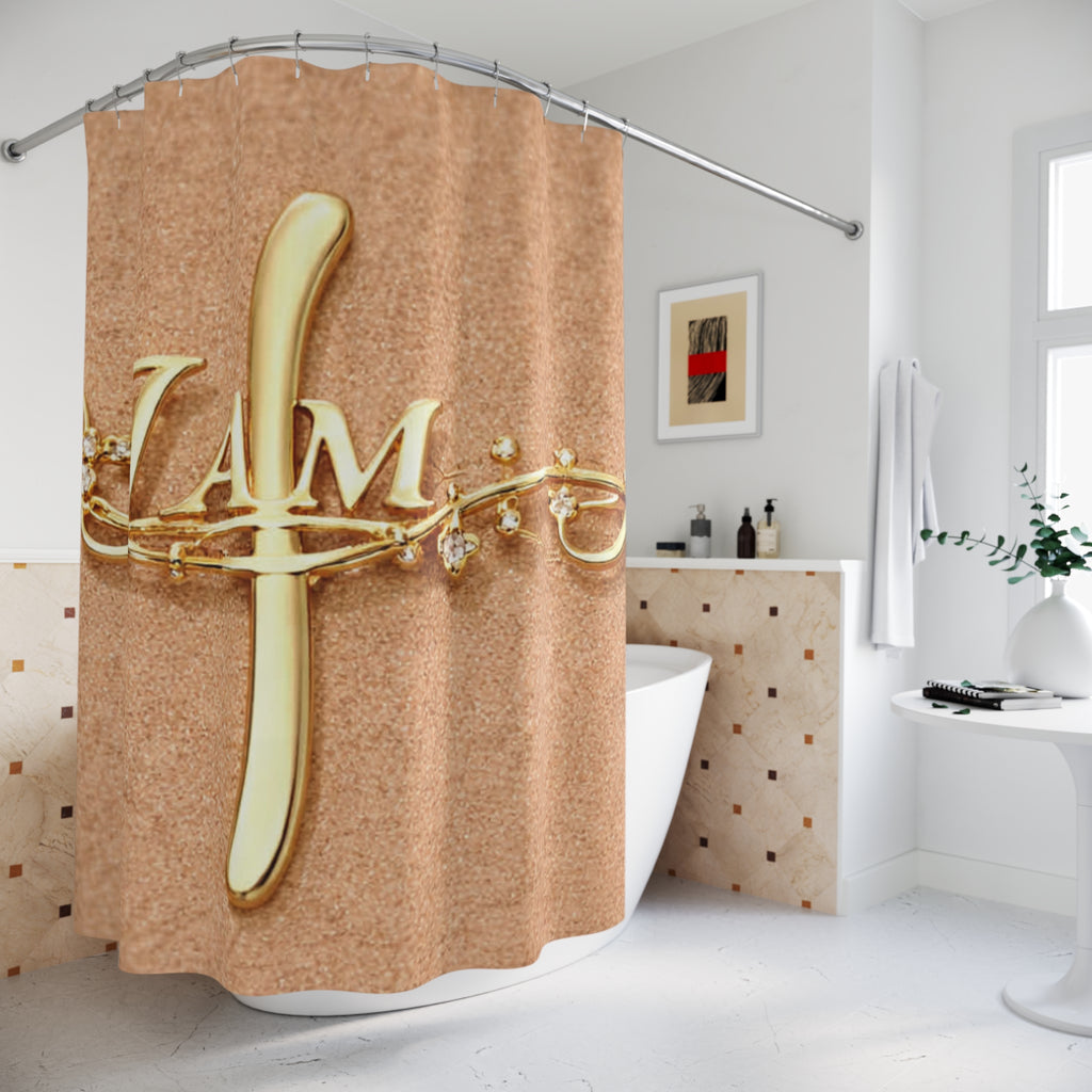 Gold Monogram 'I AM' Shower Curtain — Elegant Inspirational Bathroom Decor