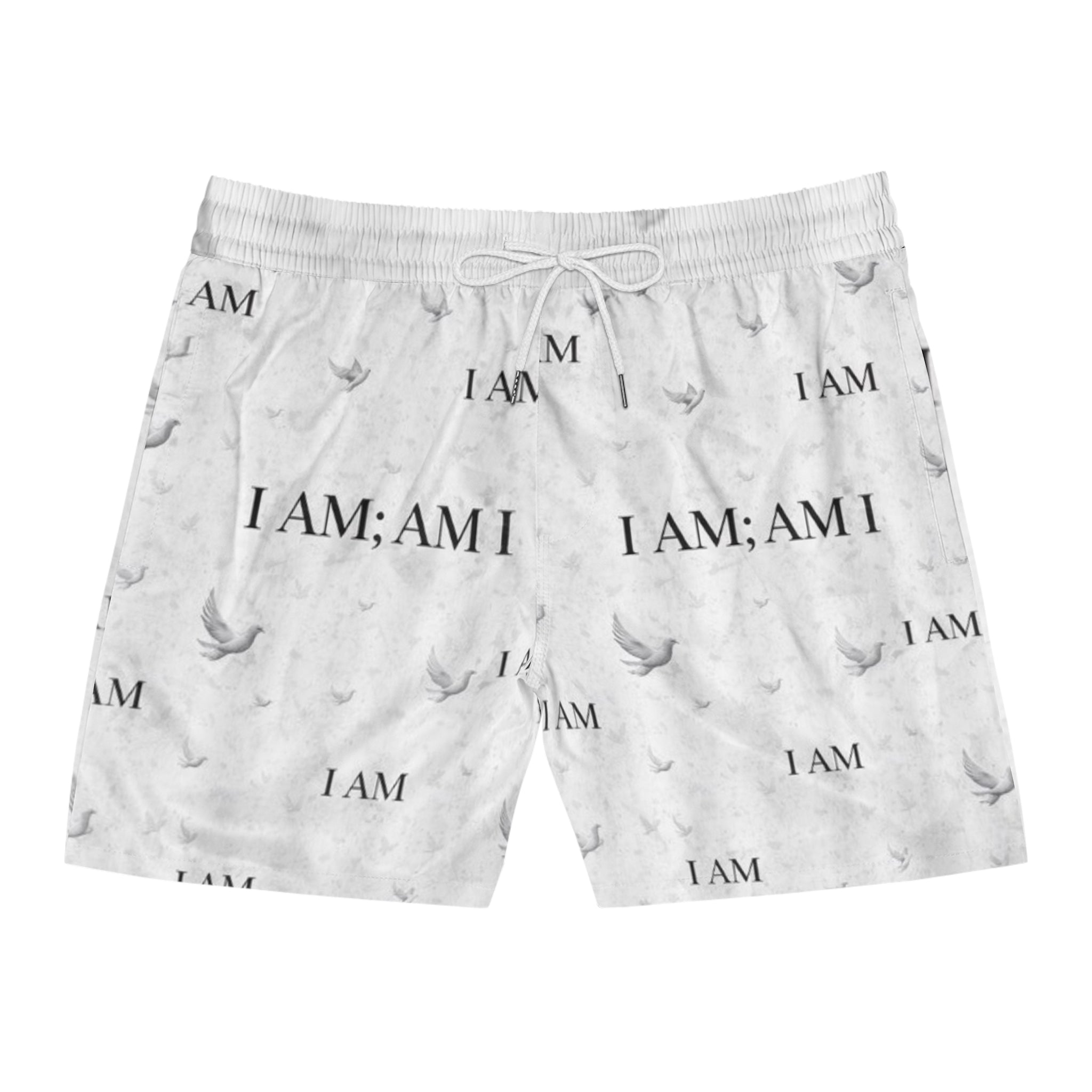 I AM Patterned Men's Swim Shorts — White Dove All-Over Print