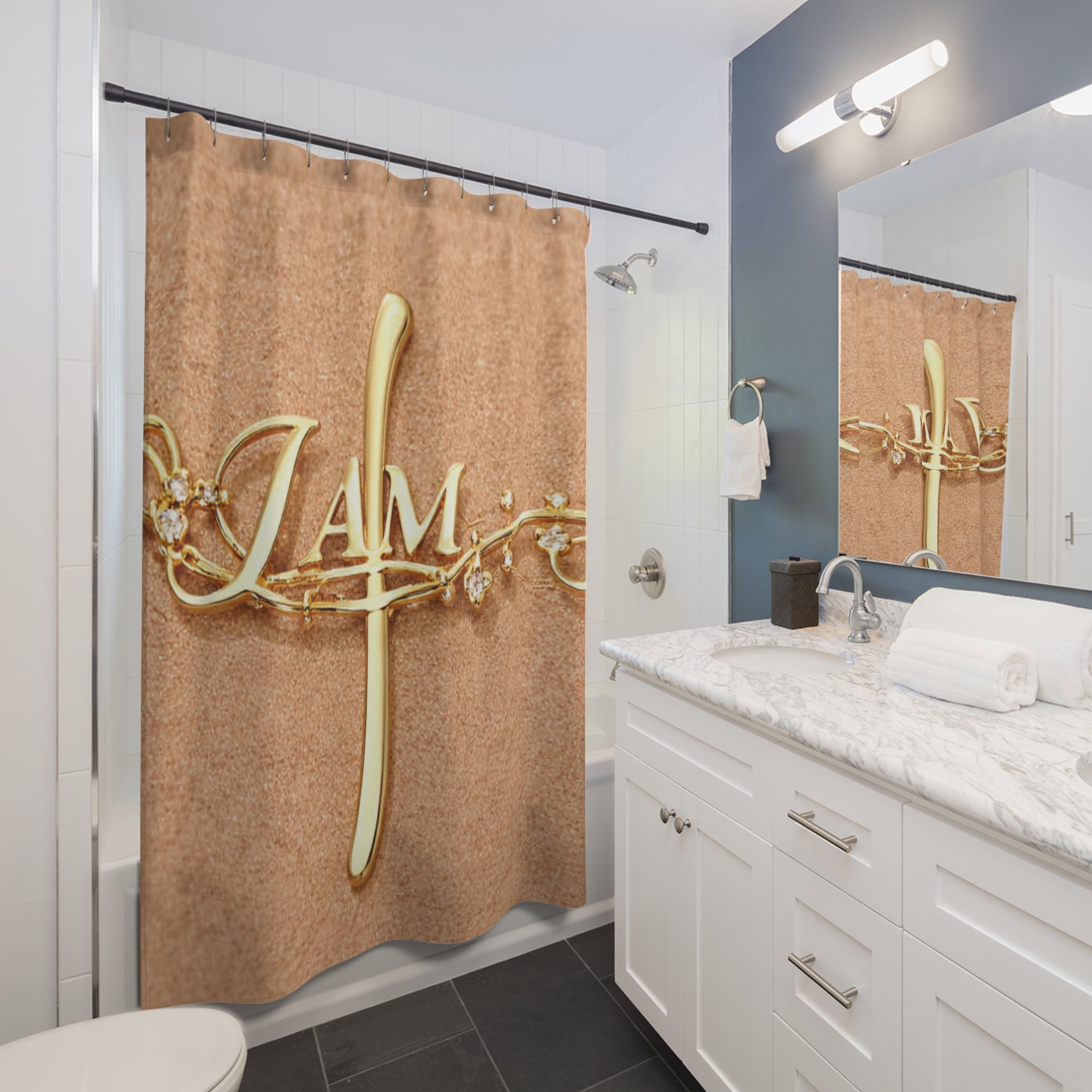Gold Monogram 'I AM' Shower Curtain — Elegant Inspirational Bathroom Decor