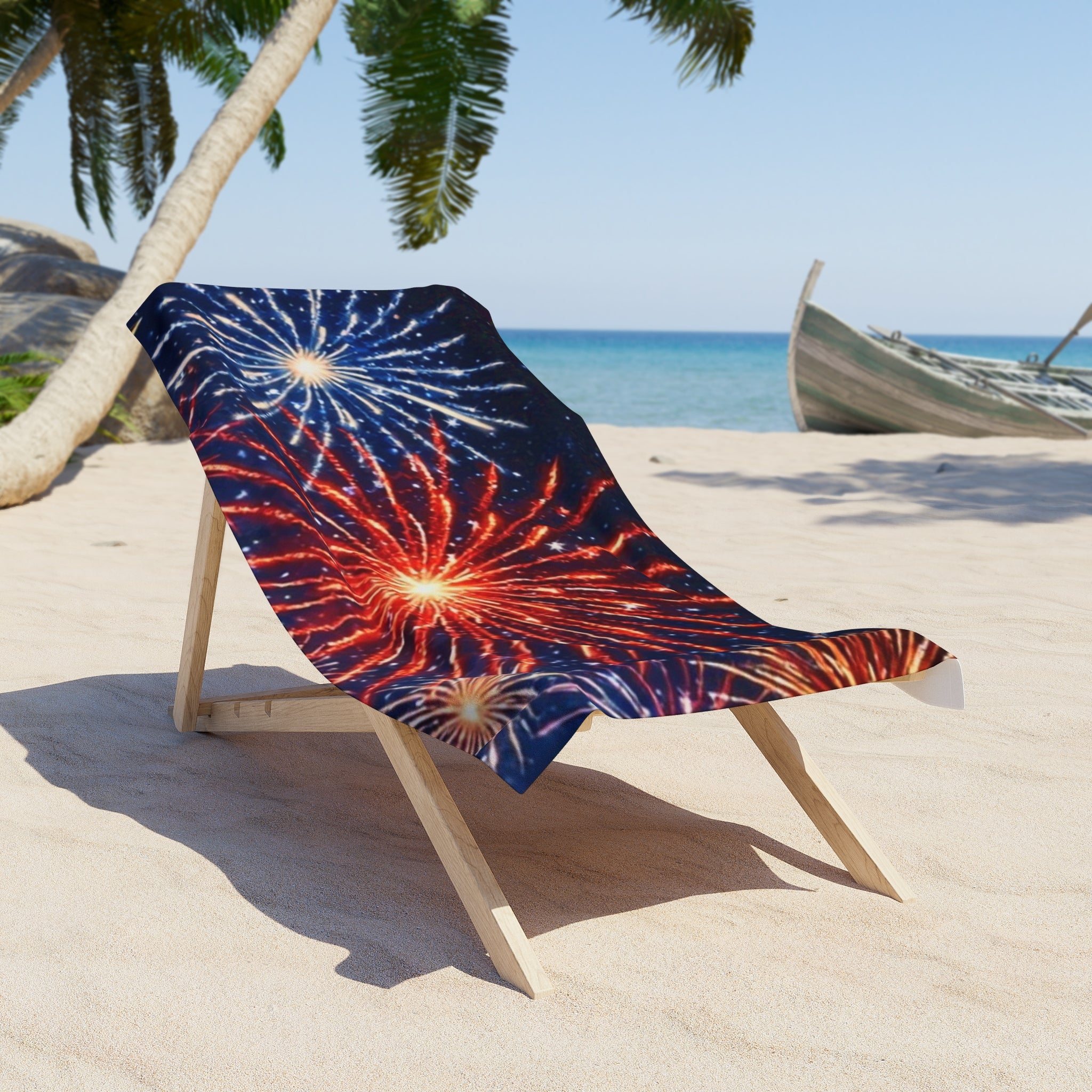 Fireworks Beach Towel – Patriotic Red, White & Blue Celebration Towel
