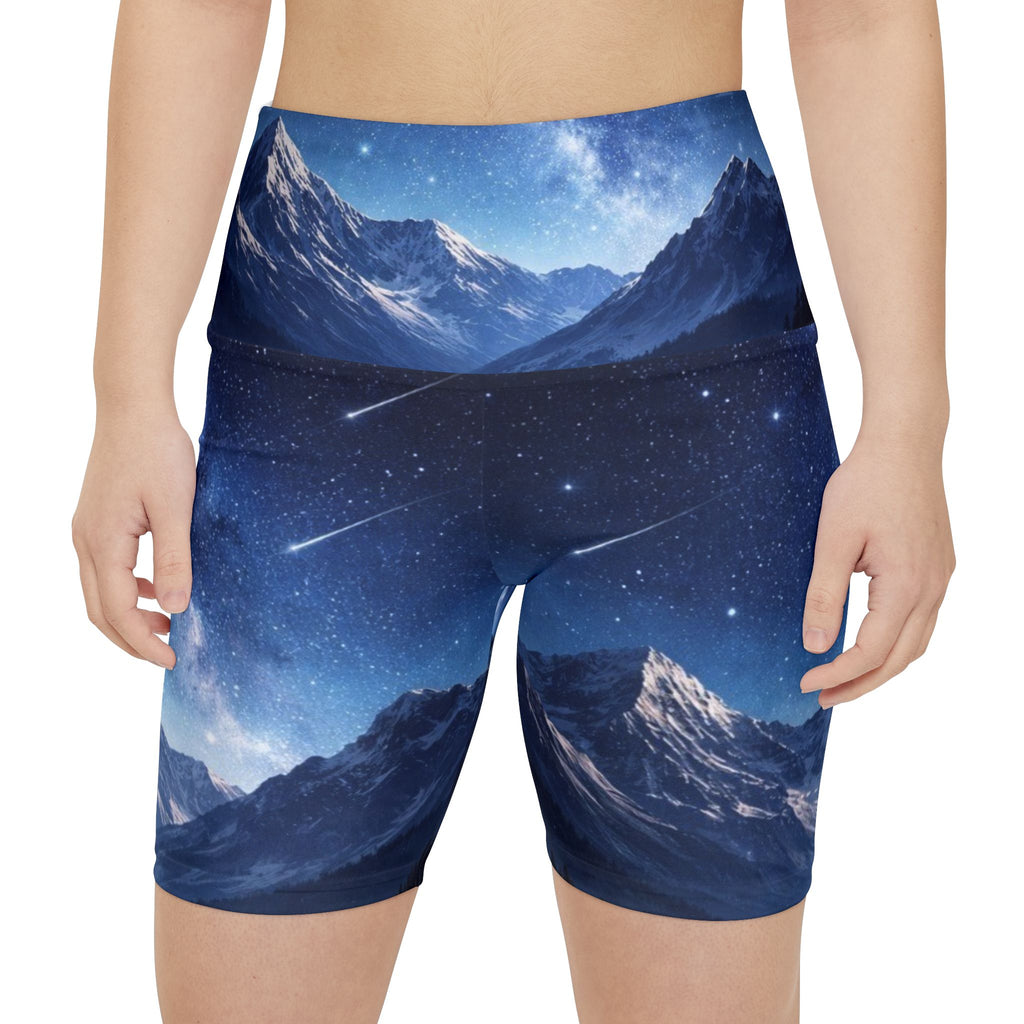 Mountain Night Sky Women's Workout Shorts - Starry Meteor Galaxy Activewear