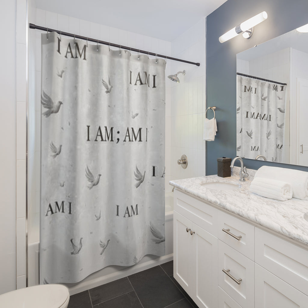 I AM Motivational Shower Curtain — Minimalist Grey Dove Design