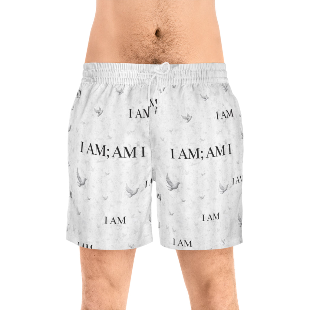 I AM Patterned Men's Swim Shorts — White Dove All-Over Print