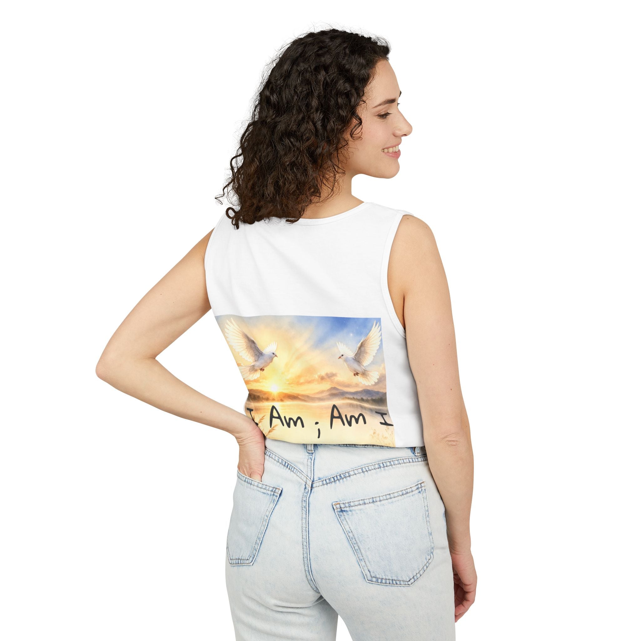 I Am ; Am I collection Sunrise Doves Tank Top — Peaceful Lake Scene Spiritual Graphic Tank