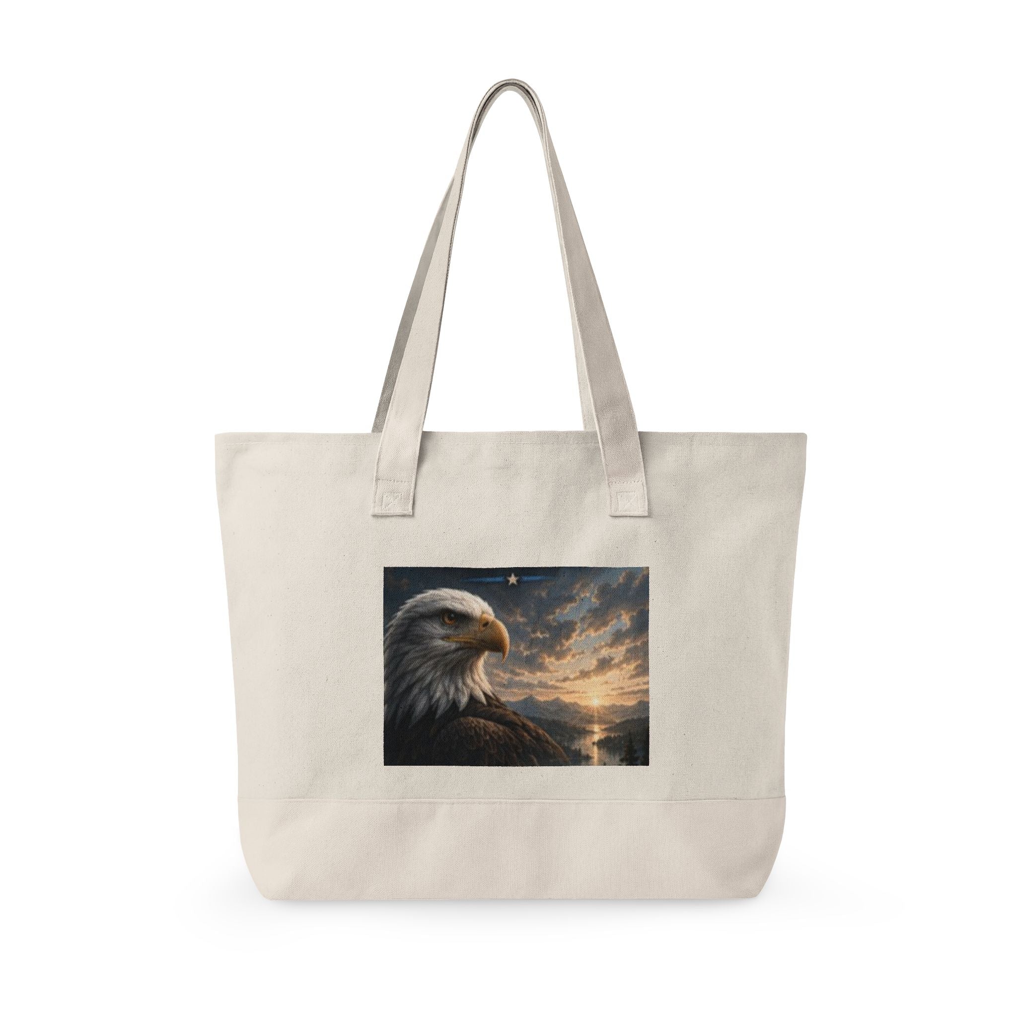 Eagle Sunrise Canvas Tote Bag — Zippered Beach & Market Tote with Bald Eagle Art