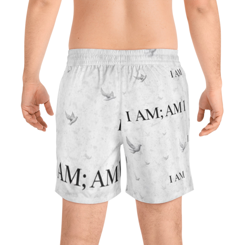 I AM Patterned Men's Swim Shorts — White Dove All-Over Print