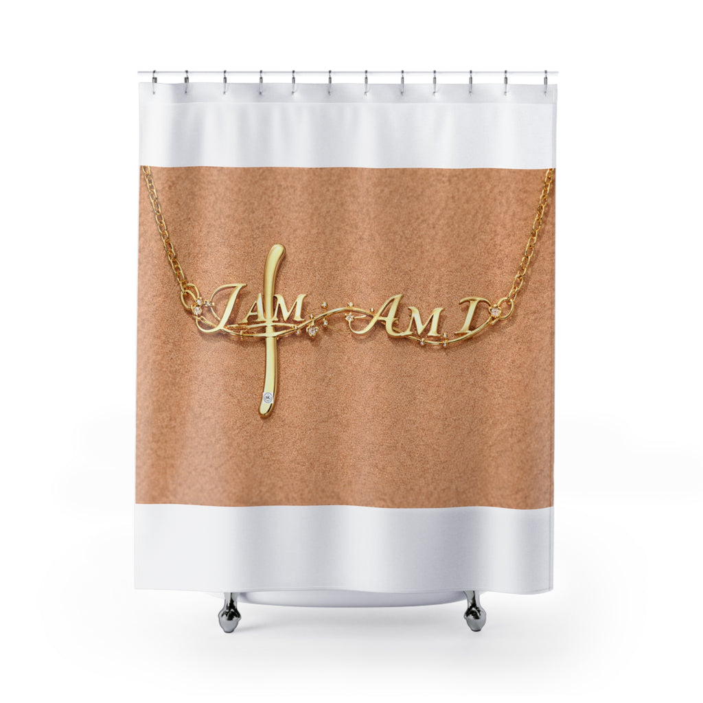 Shower Curtain — Gold "I Am" Necklace Design on Warm Leather Background