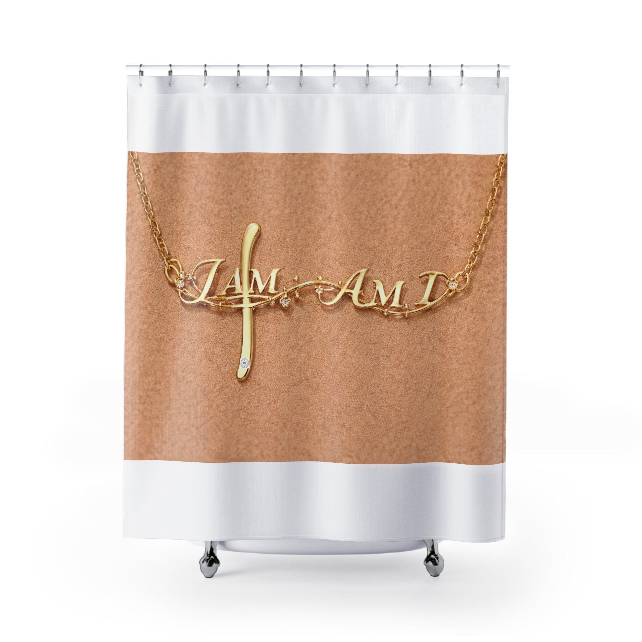 Shower Curtain — Gold "I Am" Necklace Design on Warm Leather Background