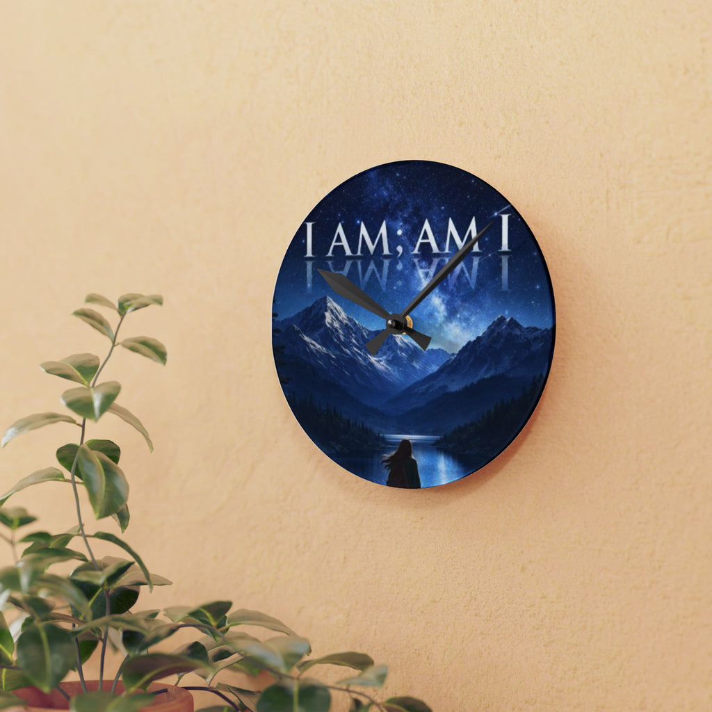 Acrylic Wall Clock - 'I AM; AM I' Mountain Night Sky Wall Clock | Inspirational Landscape Home Decor