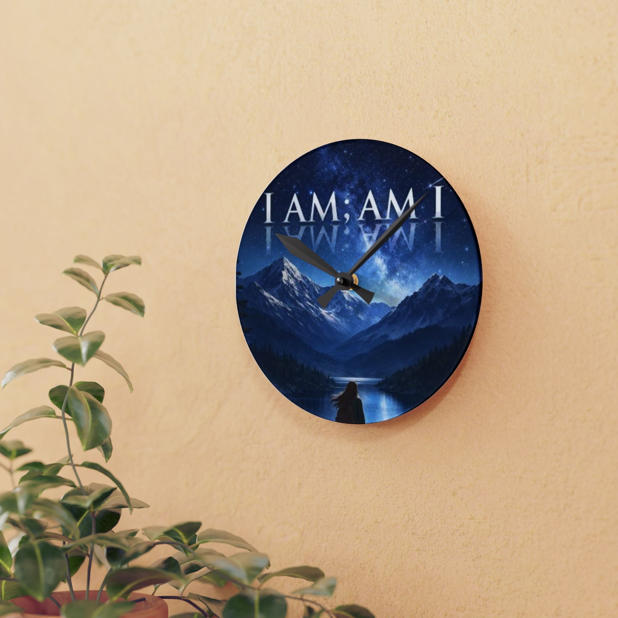 Acrylic Wall Clock - 'I AM; AM I' Mountain Night Sky Wall Clock | Inspirational Landscape Home Decor