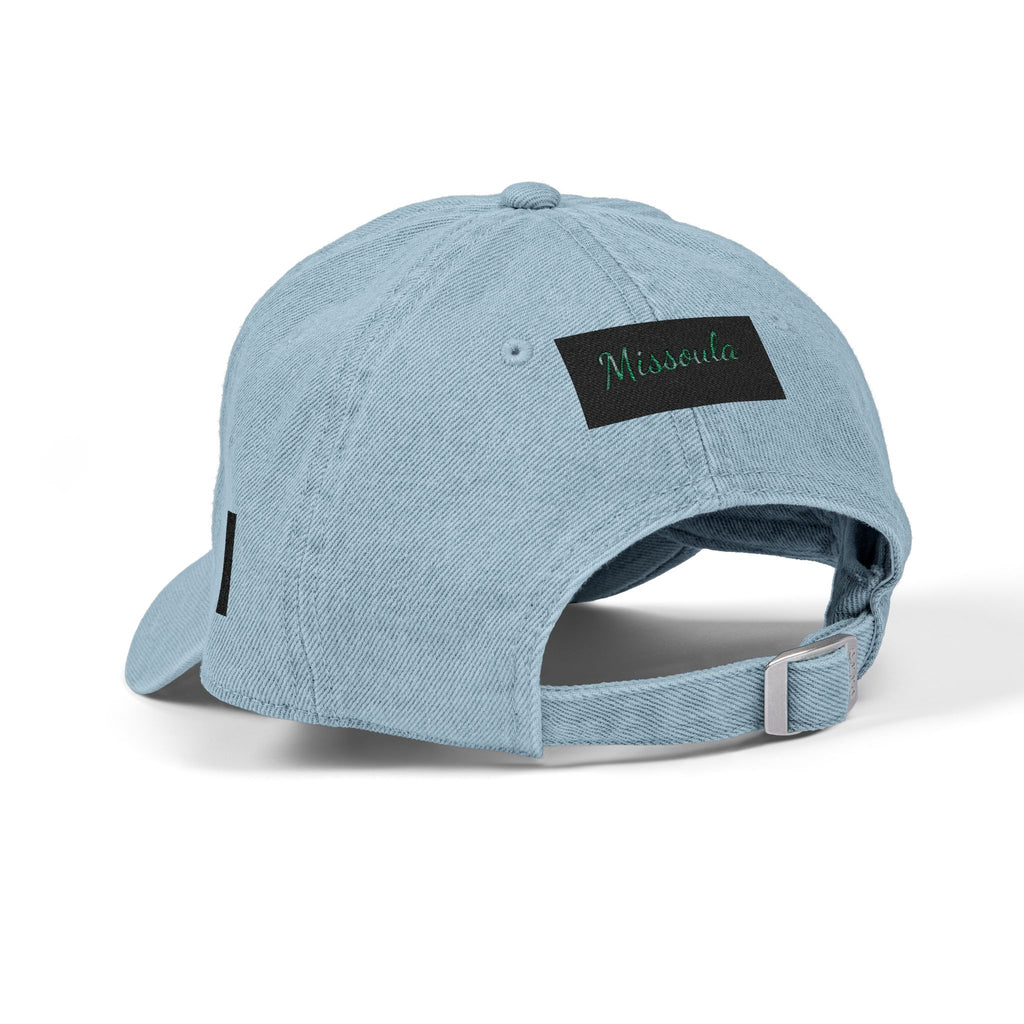 Missoula Outside Montana local humor Embroidered Denim Hat — Vintage Script Baseball Cap